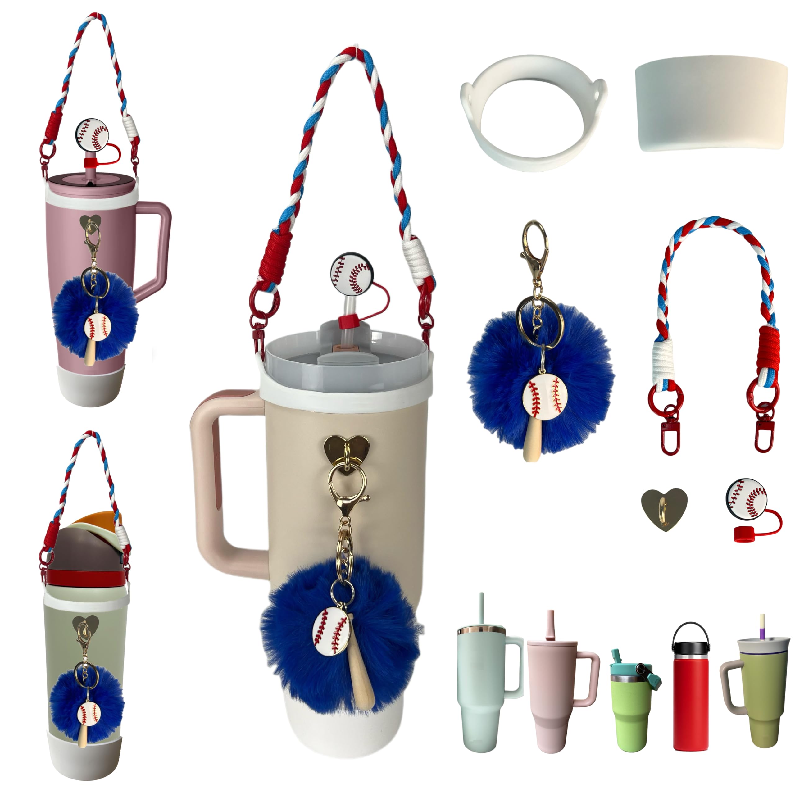 Baseball Mom Charms Straw Cover Lid Set With Strap Carrier For Stanley Cup 20/30/40 oz Accessories For Owala/BrüMate Era 24/32/40 Oz Water Bottle Holder White Blue