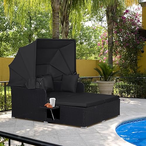 Miniatura 2 de RELAX4LIFE Sofá cama para patio al aire libre con toldo, tumbona de mimbre con cojines, 4 almohadas y 2 bandejas laterales retráctiles, conversación