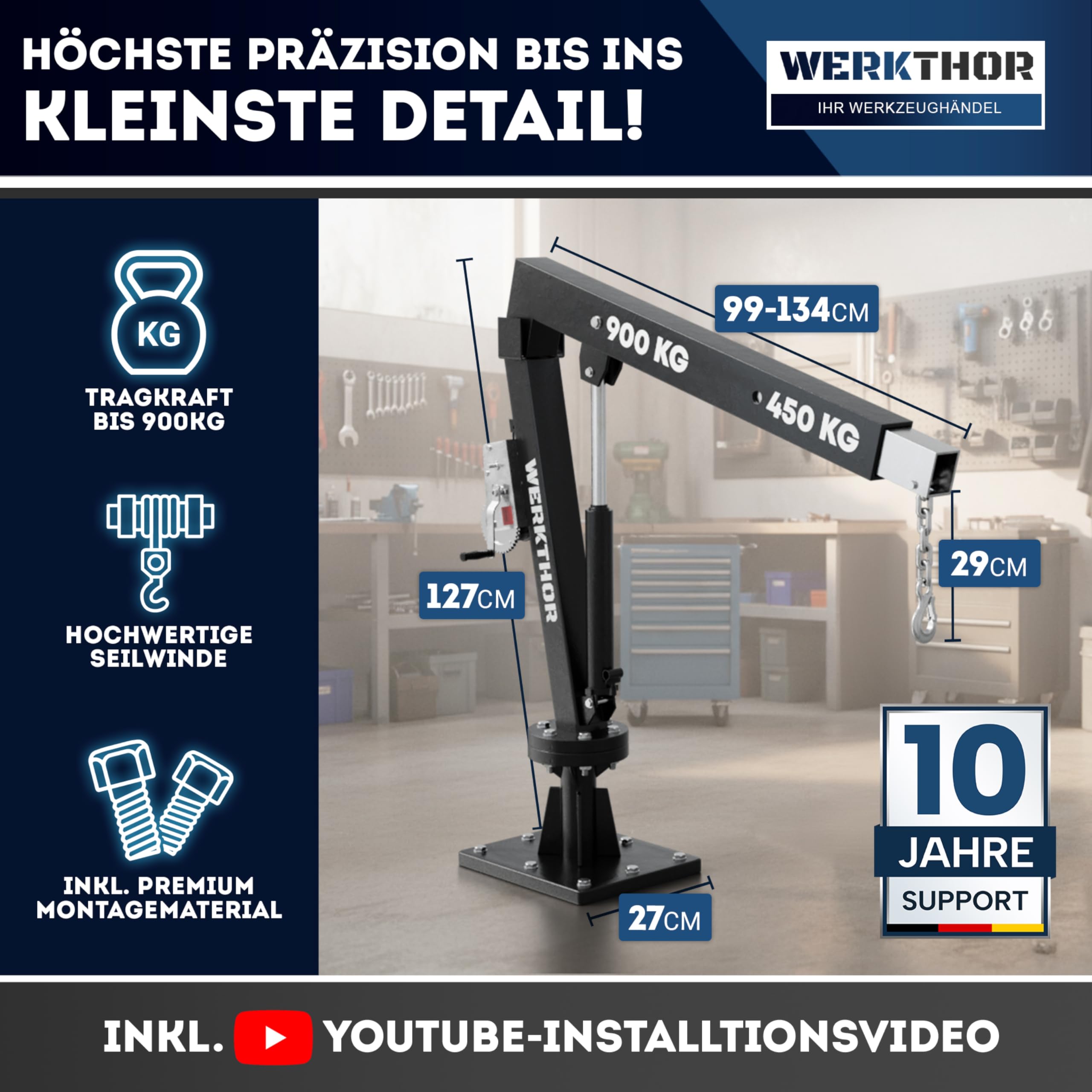 WERKTHOR Gru pickup gru di carico 900 kg con verricello e idraulico, gru pick up per rimorchio e piano, girevole a 360°, mini gru con materiale di montaggio e base solida, nero
