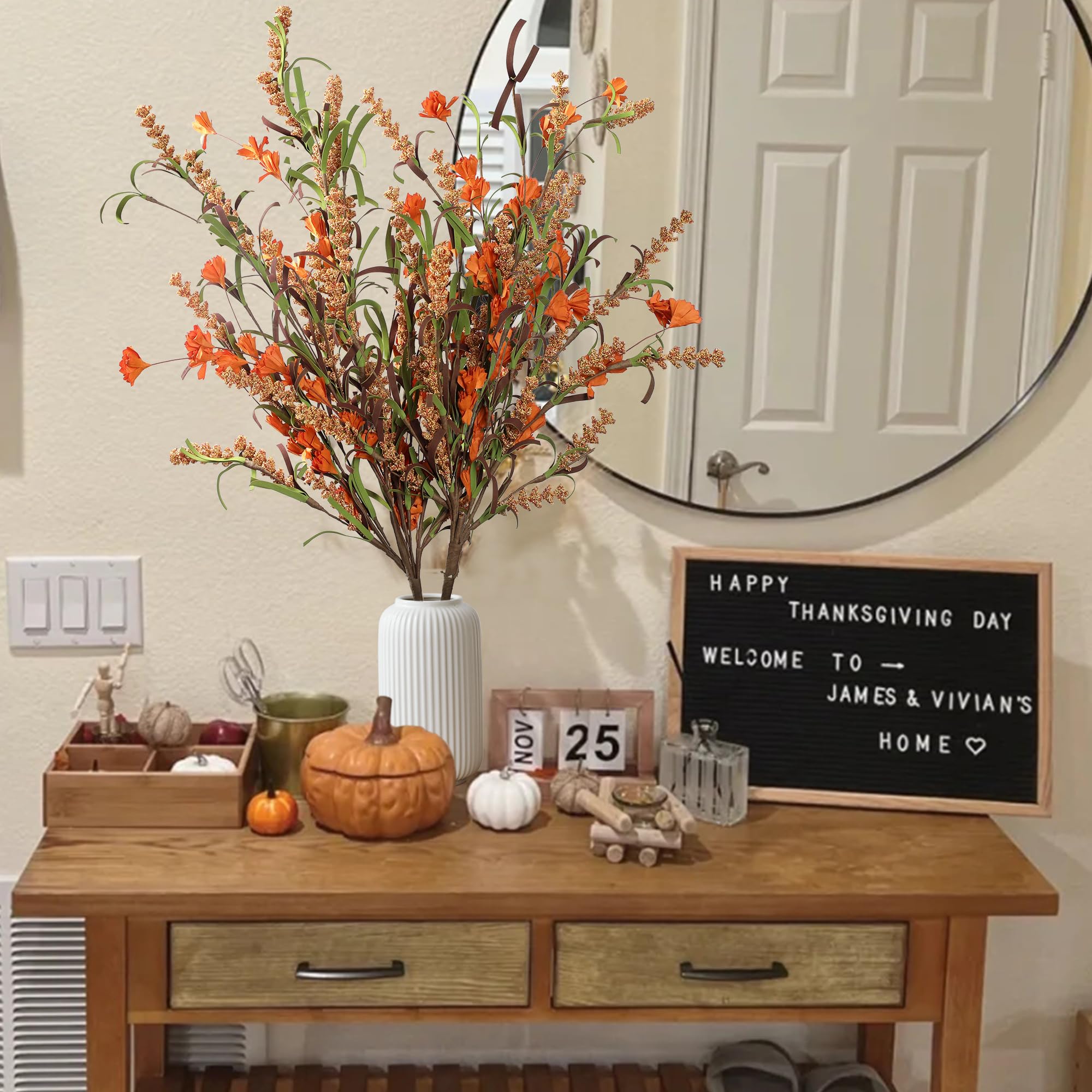 4 Artificial Pumpkin Stems - Fall Maple Leaves Floral Arrangement For Autumn Decor