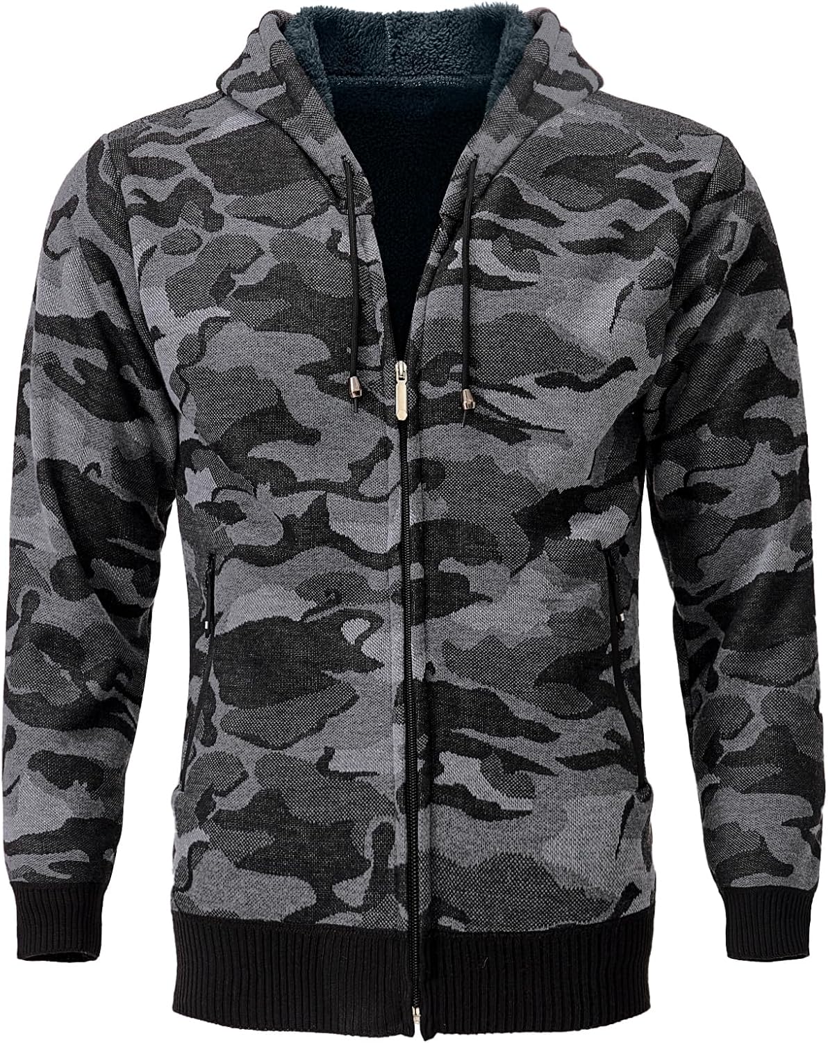 Men's Casual Zip Up Drawstring Hoodie Sweatshirt Jacket Sherpa Lined Fleece Long Sleeve Camo Jacket Coat with Pockets