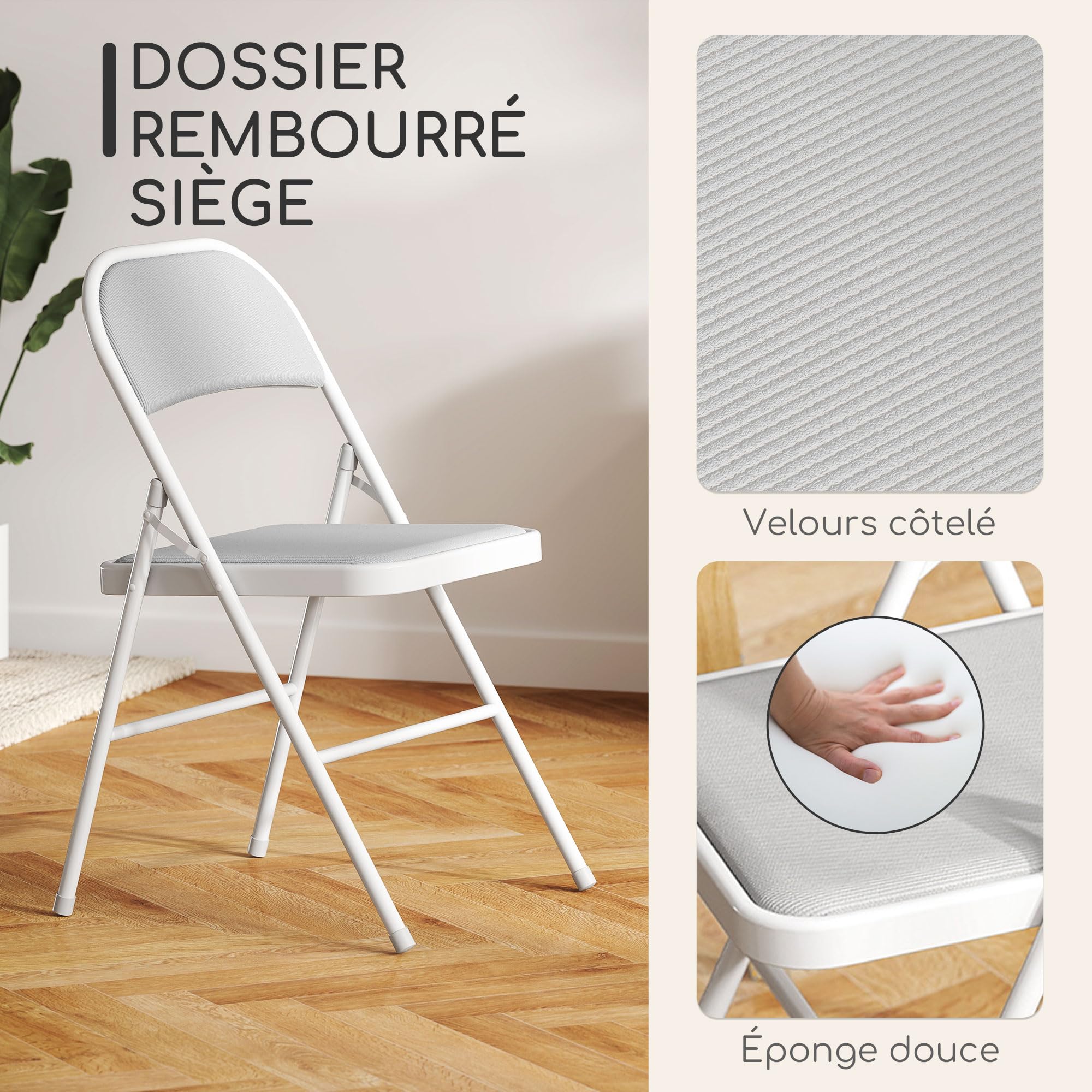 HOMCOM Lot de 4 chaises Pliantes chaises de Salle à Manger Portables Chaise Pliable d'intérieur avec siège rembourré en Velours côtelé et Cadre en Acier dim. 45l x 46P x 78H cm Blanc