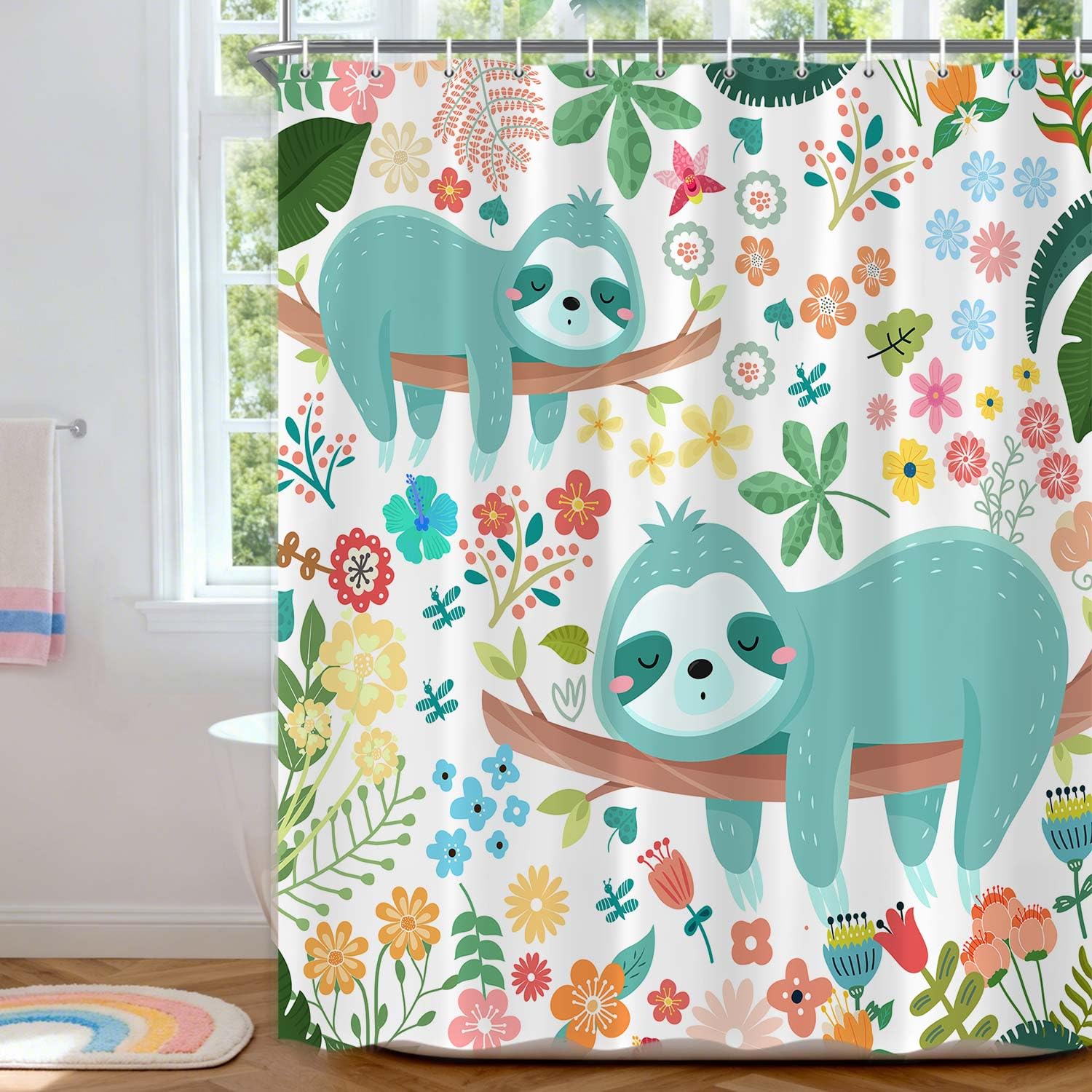Wathon Funny Sloth Shower Curtain for Kids, Cute Sloth with Colorful Floral Bathroom Curtains, Fun Creative Kids Cartoon Fabric Shower Curtain Sets