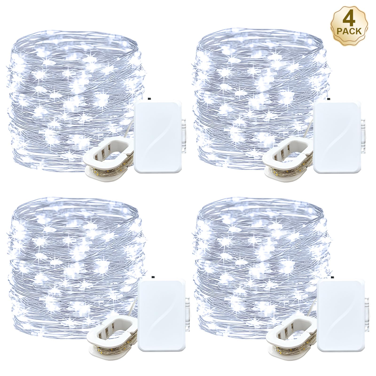 pozzolanas Paquete de 4 luces de hadas estrelladas, 50 luces LED de alambre de cobre alimentadas por pilas para Navidad, fiestas, bodas, centros de mesa, decoración de dormitorio, color blanco