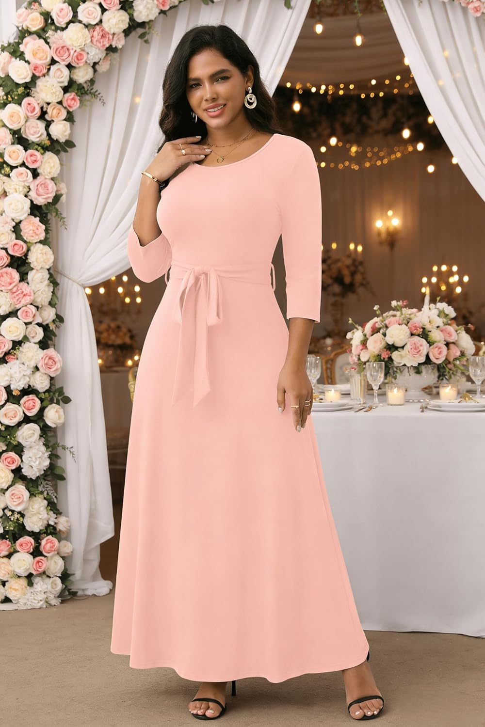 FANDEE Maxi Dress for Women 2026, Long Casual Empire Waist Dresses 3/4 Sleeve Round Neck with Belt - Image 2