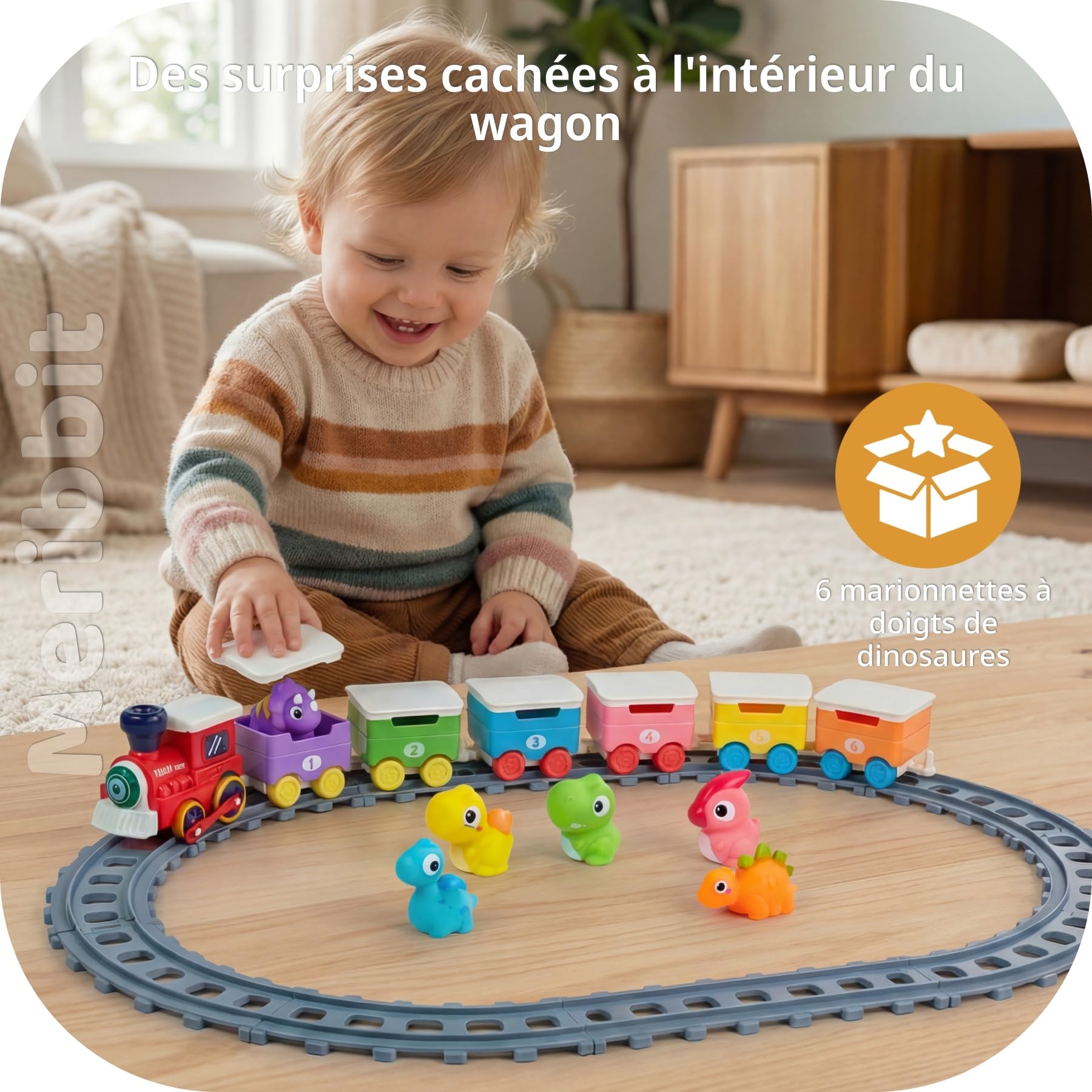 Train Enfant avec Rails, Lumière & Effet Vapeur, Marionnettes à Doigts Dinosaures, Jouets Montessori Sensoriels, Jeu Éducatif pour Enfant 2 Ans, Cadeau 1-3 Ans Fille Garçon