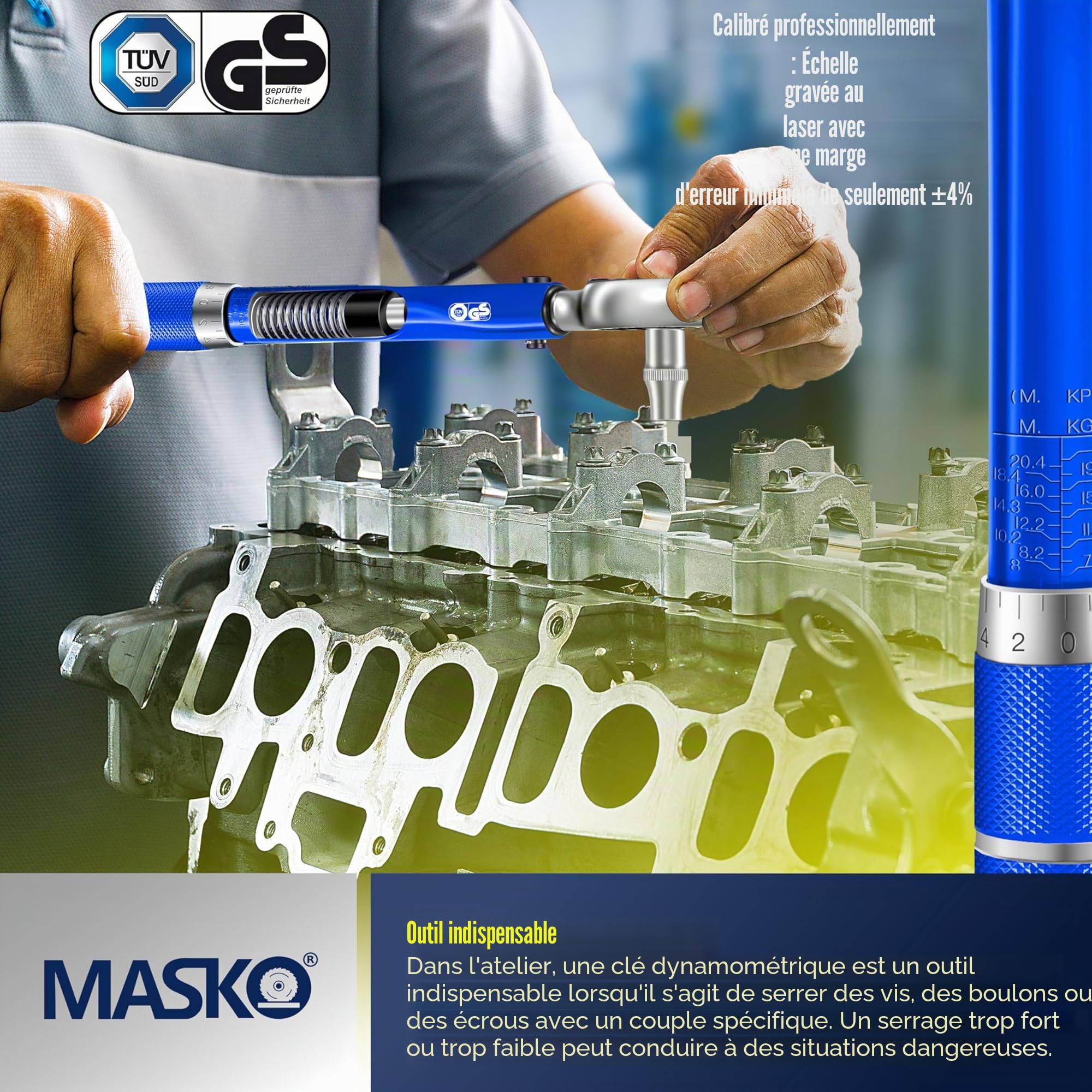Masko clé dynamométrique 40-210 Nm 1/2" CV avec 3 douilles 17-21 mm et rallonge 125 mm coffret