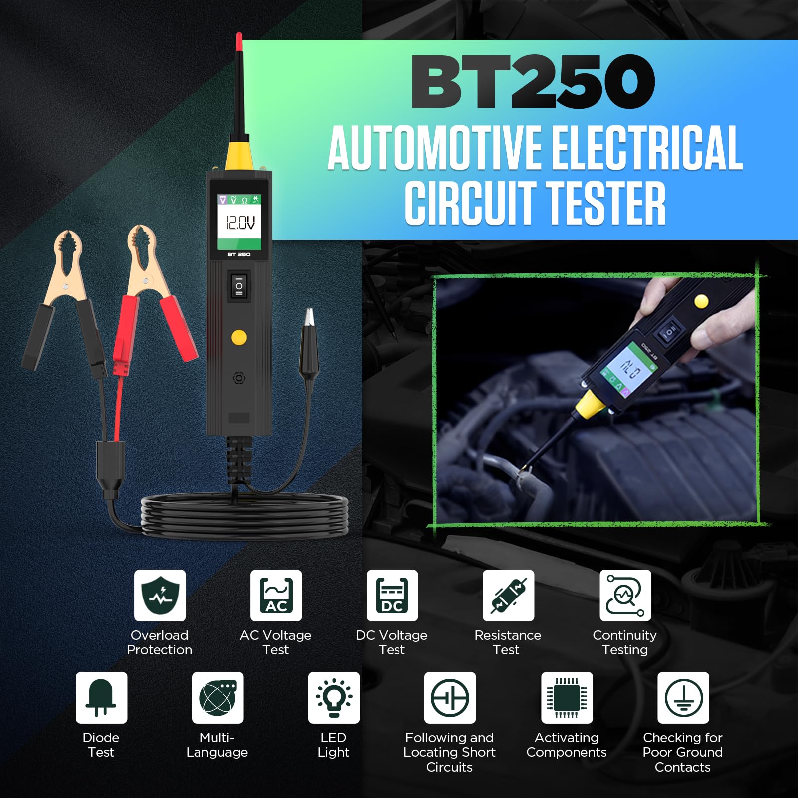BT250 - Tester per circuito auto, 12 V, 24 V, strumento per sistemi elettrici, rilevatore di luce, tester di tensione AC/DC, multimetro, rilevatore di cortocircuito, tester di sicurezza relè