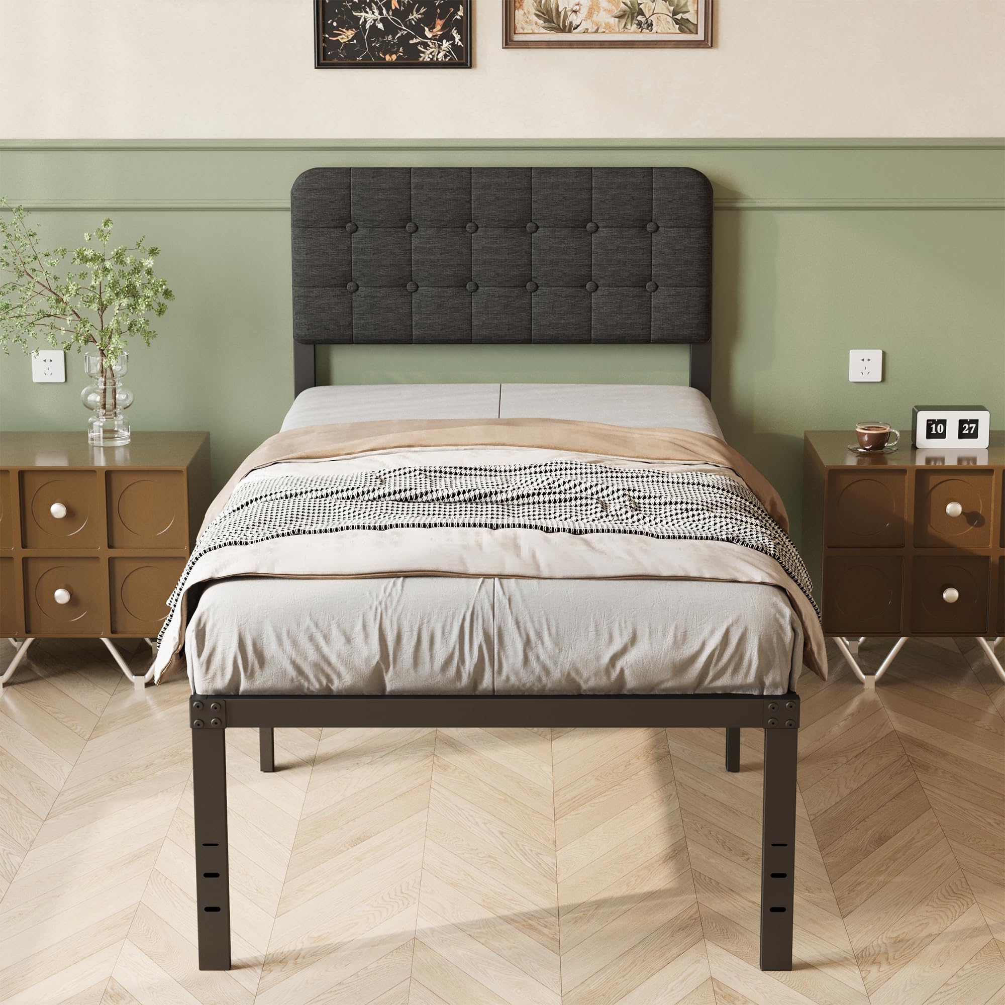 Cama 90x190 con Cabecero Tapizado Curvo, Somier de Metal con Lamas de Acero, Altura 46 cm, Almacenamiento, Negro