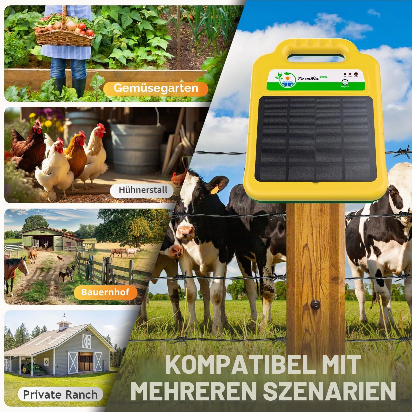 220V Solar Weidezaungerät,IP55 Wasserdicht,Eingebaute 10400mah Lithiumbatterie,16KM Niedrige Impedanz Spitzenspannung 8000V für Geflügel,Vieh,Steuergerät zum Schutz von Gärten und Grundstücken
