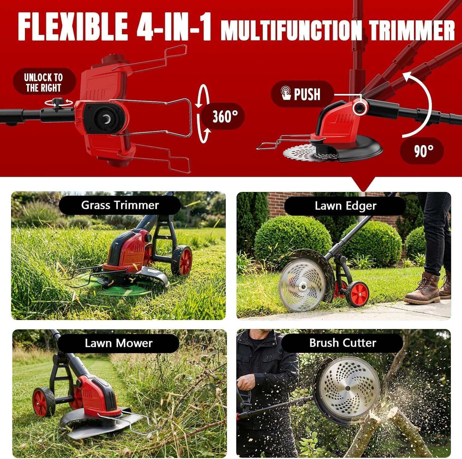 Decespugliatore elettrico da 30,5 cm, con 2 batterie da 3,0 Ah e caricabatterie, potente 20000 giri/min, 4 tipi di lame, decespugliatore telescopico con ruote staccabili per potatura da giardino