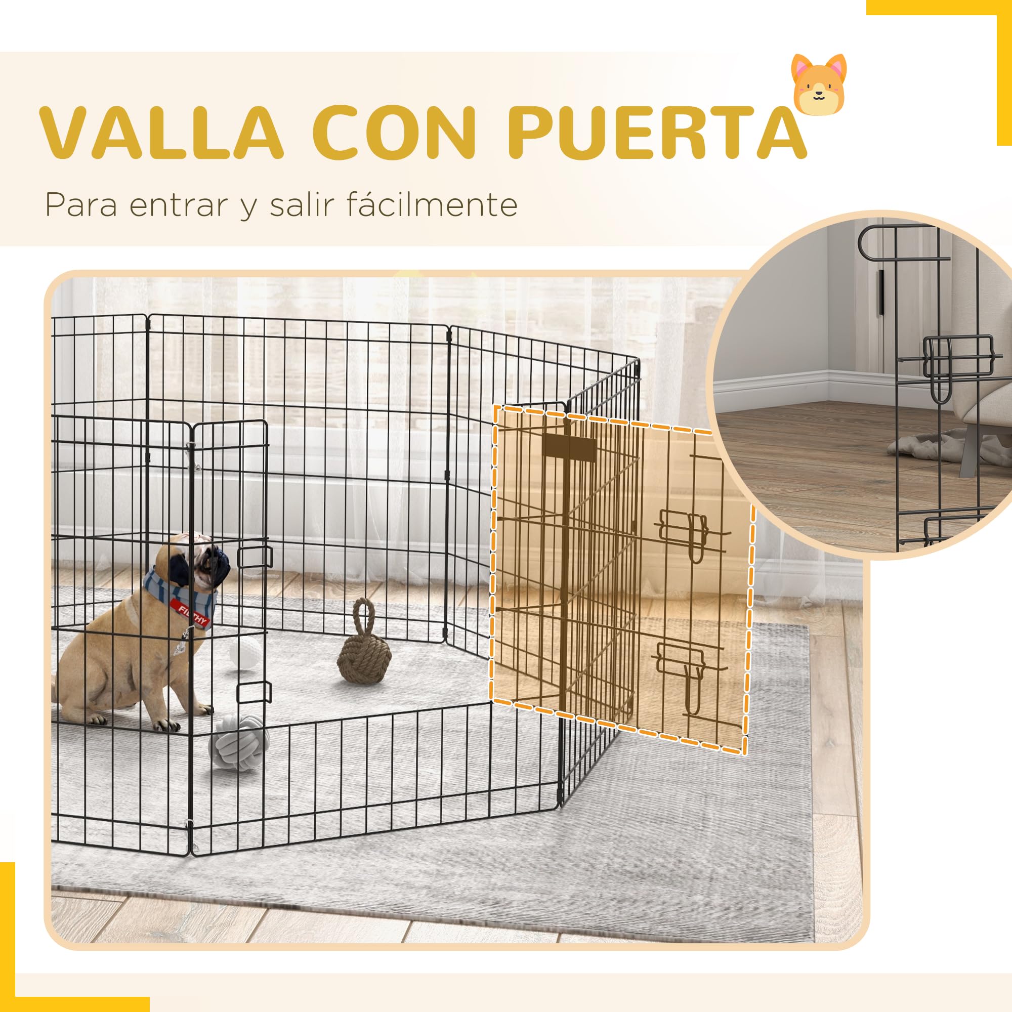 PawHut Parque de Juegos para Perros de 8 Paneles 61x61 cm Corralito para Perros Plegable con Puerta Doble Cerradura y Forma Personalizable para Jardín Patio Negro