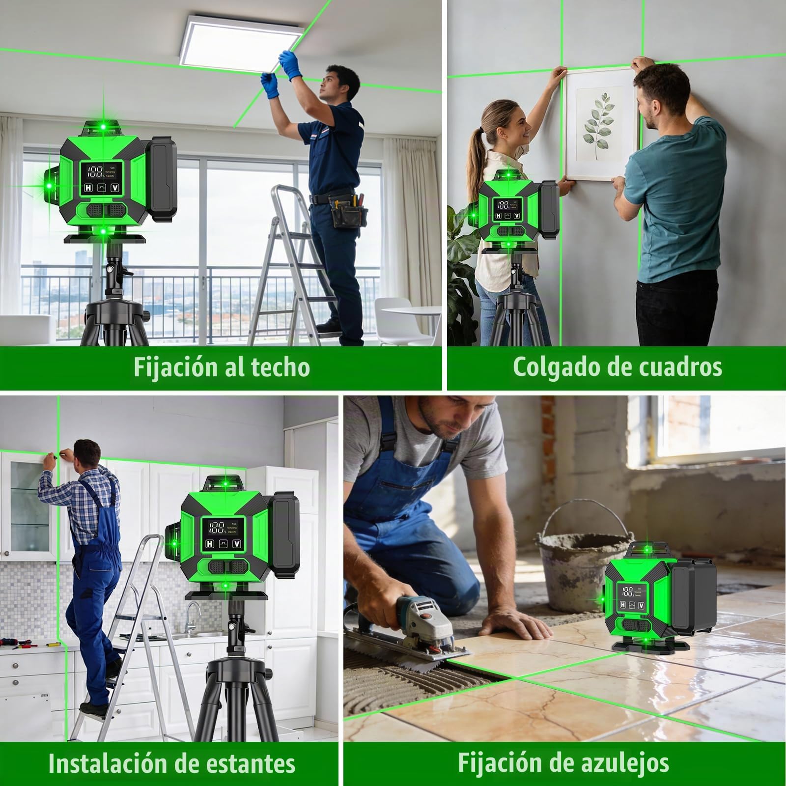 Nivel Láser Autonivelante 4x360°, Nivel Láser Verde 16 lineas con Tripode | 2x3600mAh Batería, Soporte de Pared Control Remoto, Grado IP54 Para Construcción, Alicatado