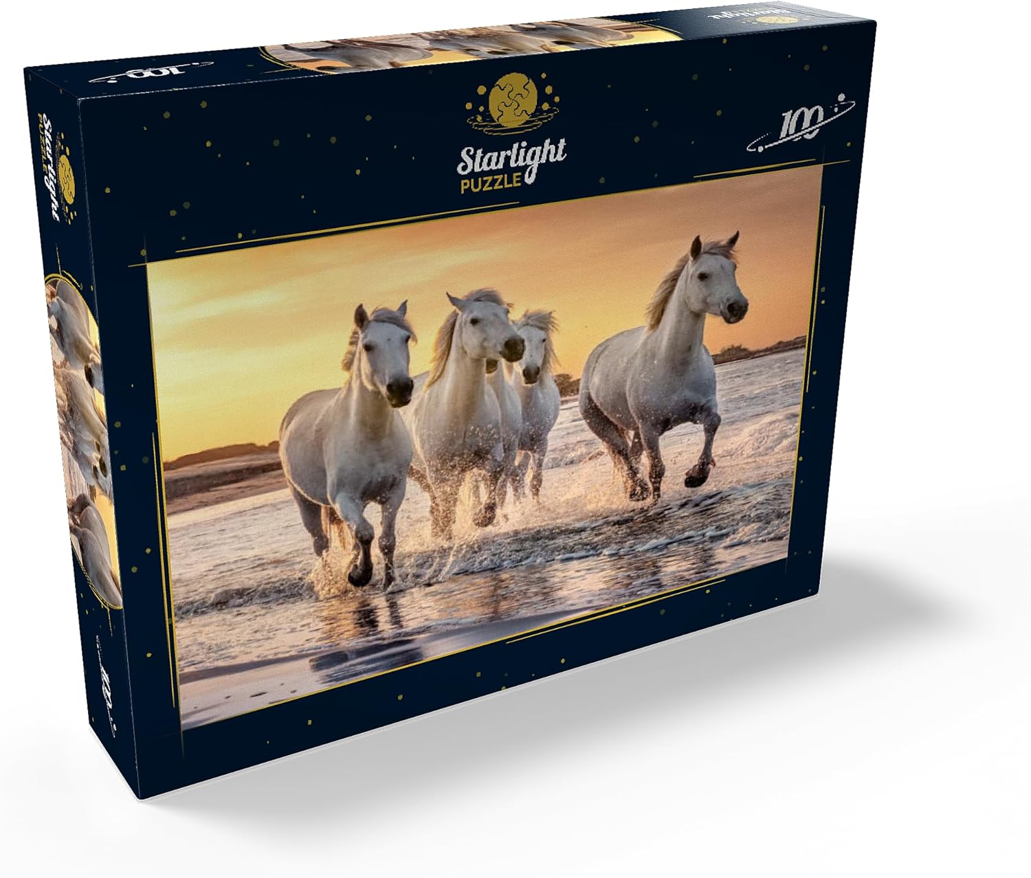 MyPuzzle White Camargue Horses Galloping On A Beach in France - Premium 100 Piece Jigsaw Puzzle for Adults