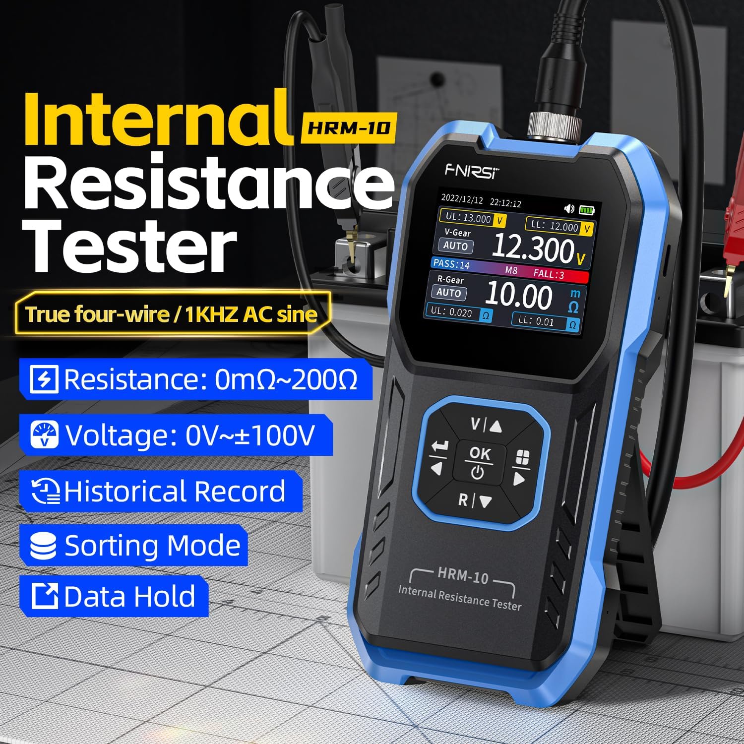 SiRyder HRM-10 Accutester, draagbare multifunctionele 4-draads tester voor batterijen, 100 V 200 interne weerstandsmeter en nauwkeurige spanningsmeter, weerstandstester