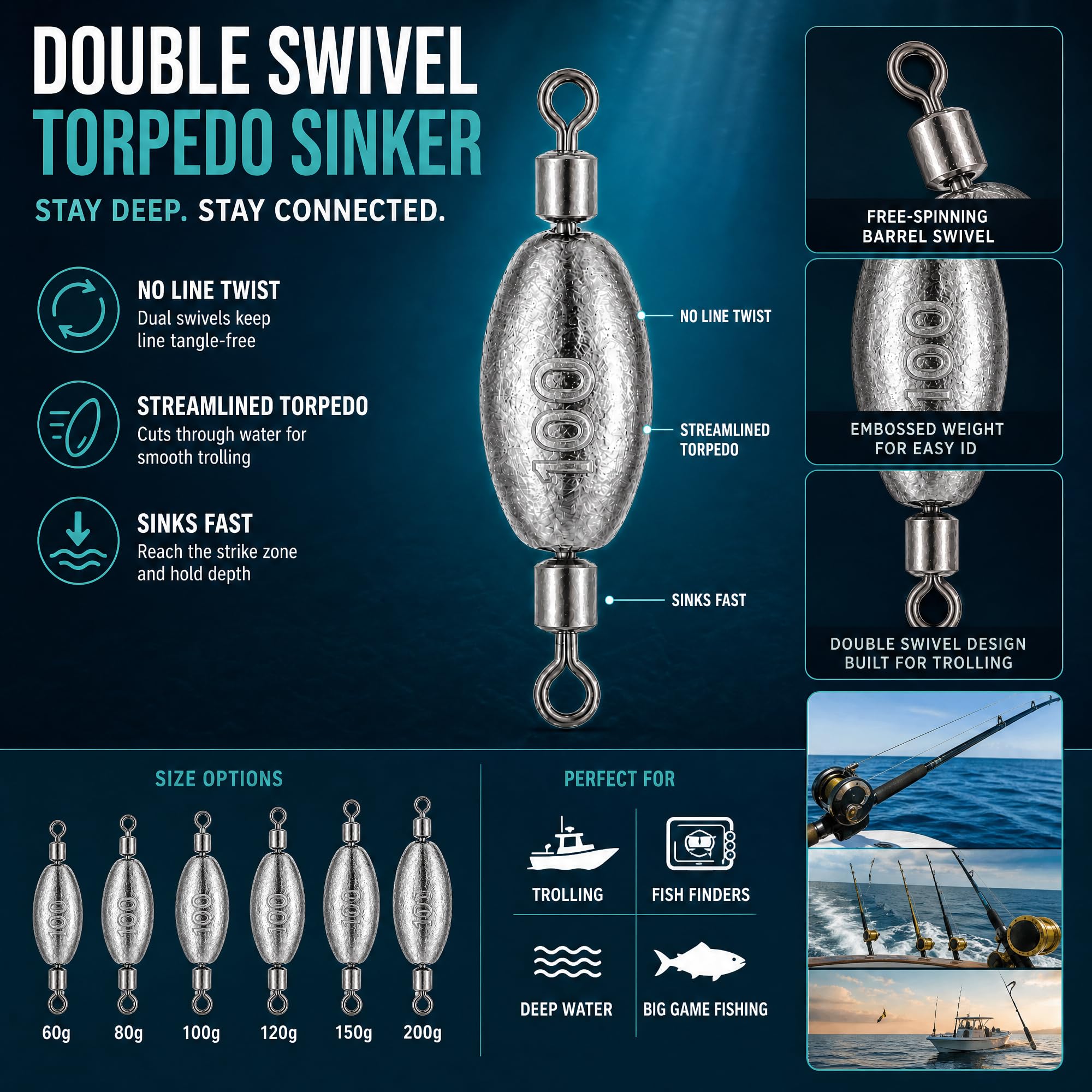 Pesi per pesca alla traina in linea siluro con rotazione integrata, senza piombini per acqua salata d'acqua dolce pesce gatto glaucomi spigola drop shot