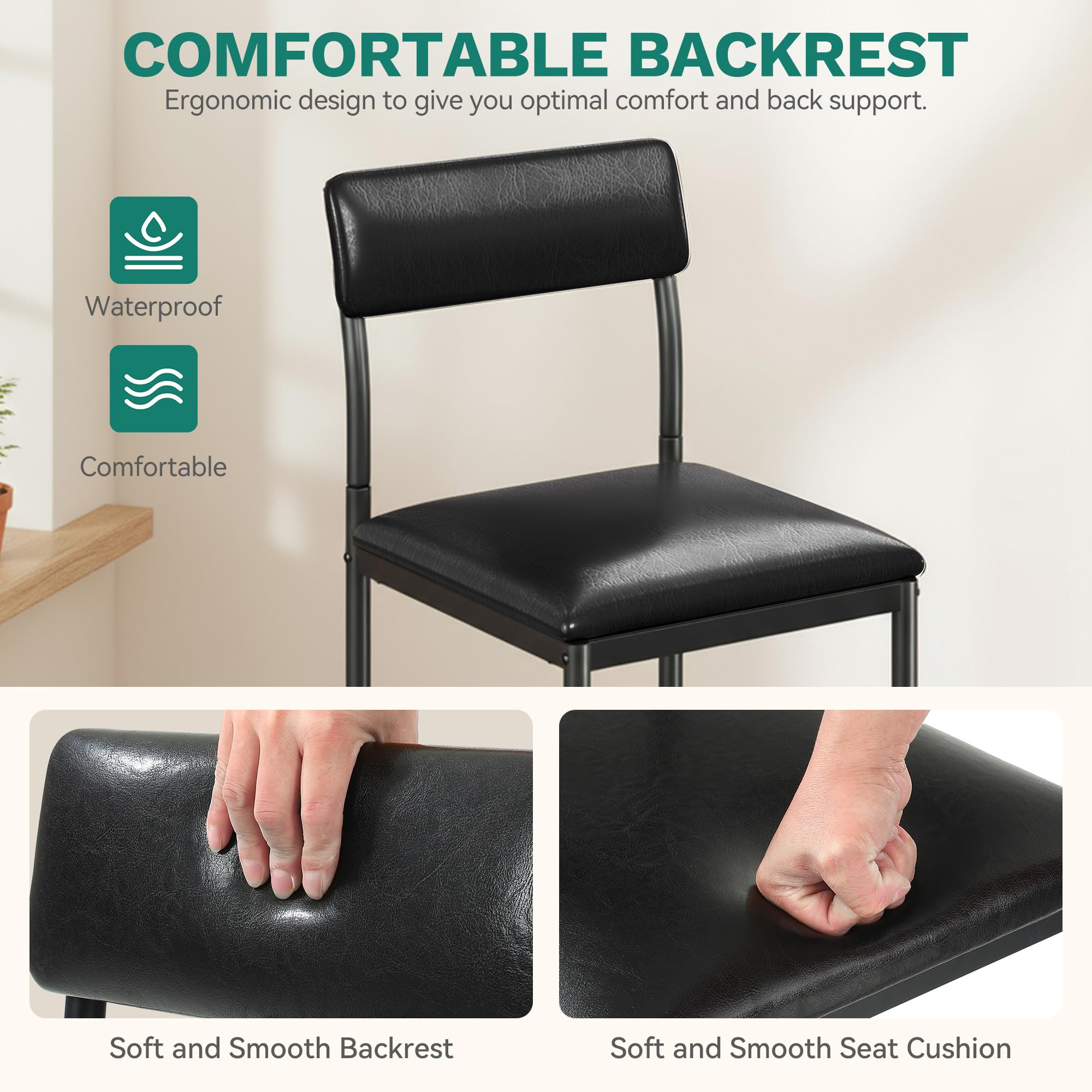 YITAHOME Barhocker Set von 2, Hochhocker mit gepolstertem Sitz und Rückenlehne, industrielle Barhocker für Küche/Esszimmer, Barstühle mit ergonomischem Fußstützen, schwarz