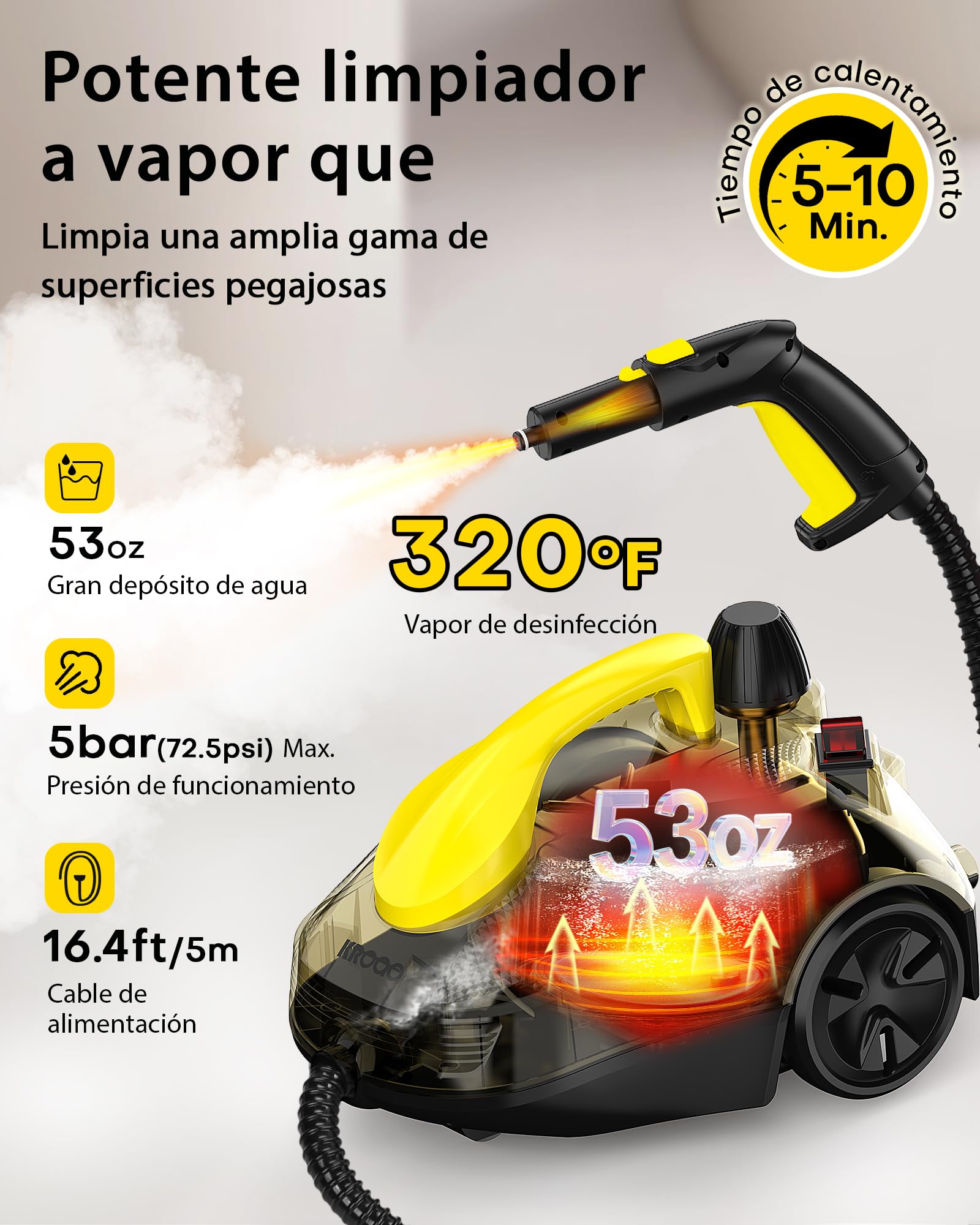 Limpiador a vapor multifuncional KROQO Limpiador a vapor portátil y multifuncional con 23 accesorios. Adecuado para limpiar papel tapiz, pisos, sofás, asientos y baños. Capacidad de 1.5 litros.