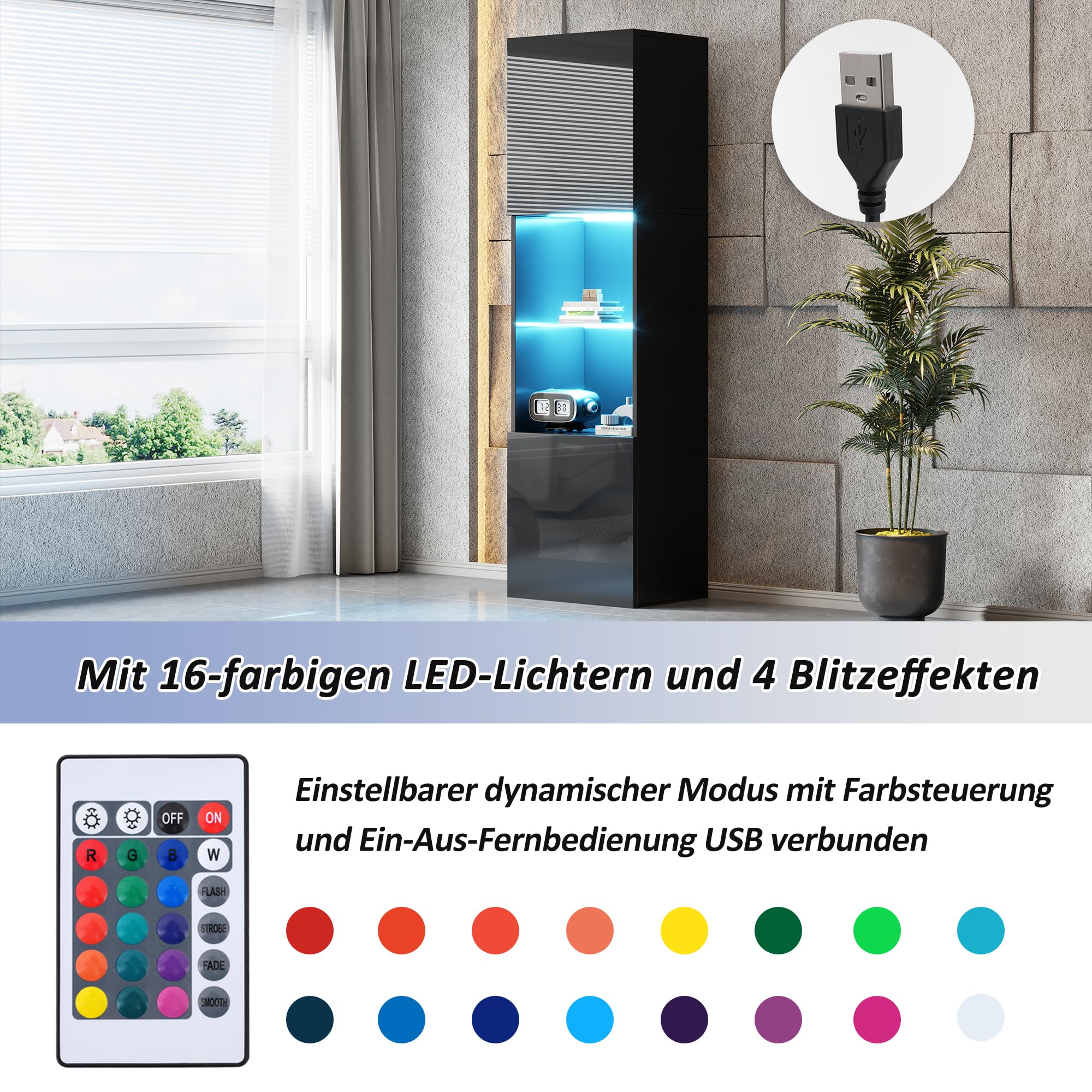 Merax Vitrinenschrank 160cm, Glasvitrine mit LED-Beleuchtung, Schwarz Hochglanz - Moderne Kommode mit viel Stauraum, Bücherschrank Hochschrank Highboard, Schrank für Wohnzimmer Küche Esszimmer Büro