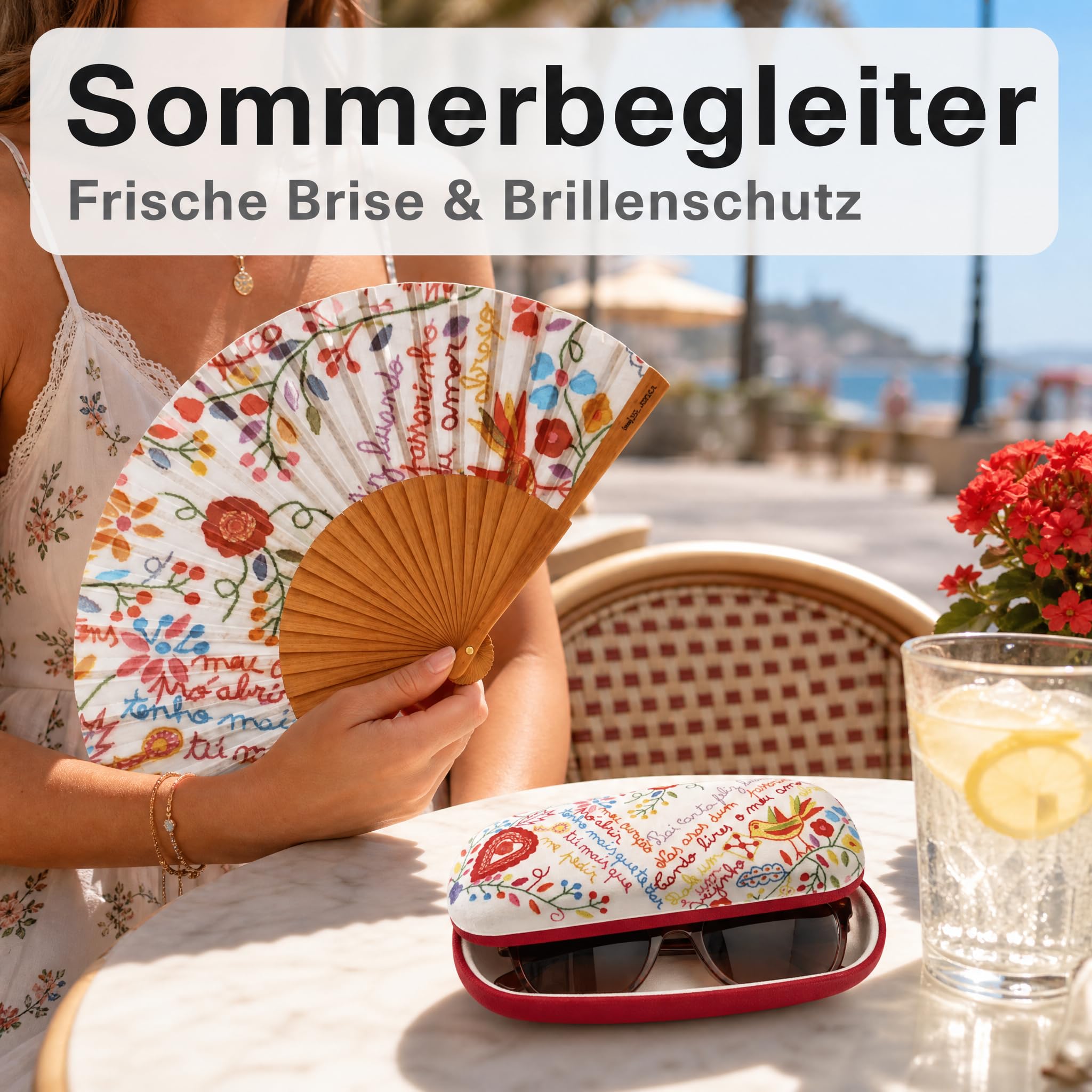 Handfächer & Brillenetui Set, Blumenmuster, Geschenkset Frauen | Faltbarer Handfächer mit Holzgestell und passendes Hartschalen-Brillenetui im Folk-Art-Design – als Muttertagsgeschenk