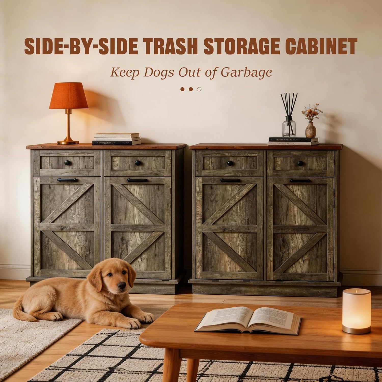 Double Tilt Out Trash Can Cabinet, Garbage Can Cabinet for Kitchen with 2 Storage Drawer, Free Standing Recycling Cabinet, Odor Proof Dog Proof Trash Bin Cabinet for Laundry, Kitchen, Living Room