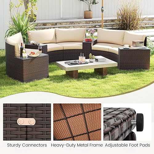 Miniatura 9 de Tangkula Juego de muebles de patio de 5 piezas, sofás acolchados seccionales curvados de media luna de ratán con mesas laterales superiores de