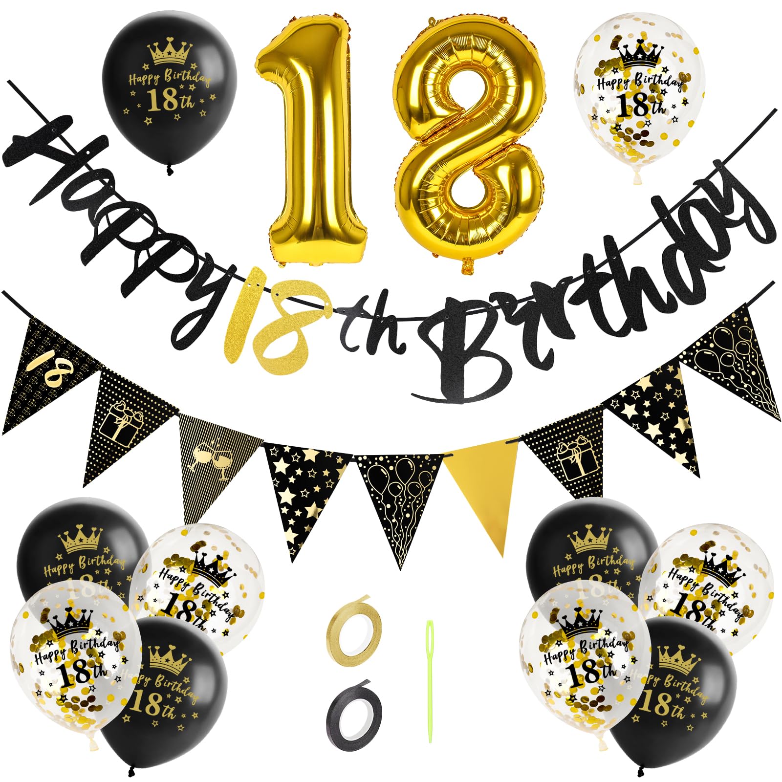 GoldRock Luftballons 18 Geburtstag Deko Schwarz Gold Set, Deko 18. Geburtstag Junge Mädchen, Geburtstagsdeko 18 mit Happy Birthday Girlande, Folienballon Zahl 18, Dekoration zum 18 Geburtstage
