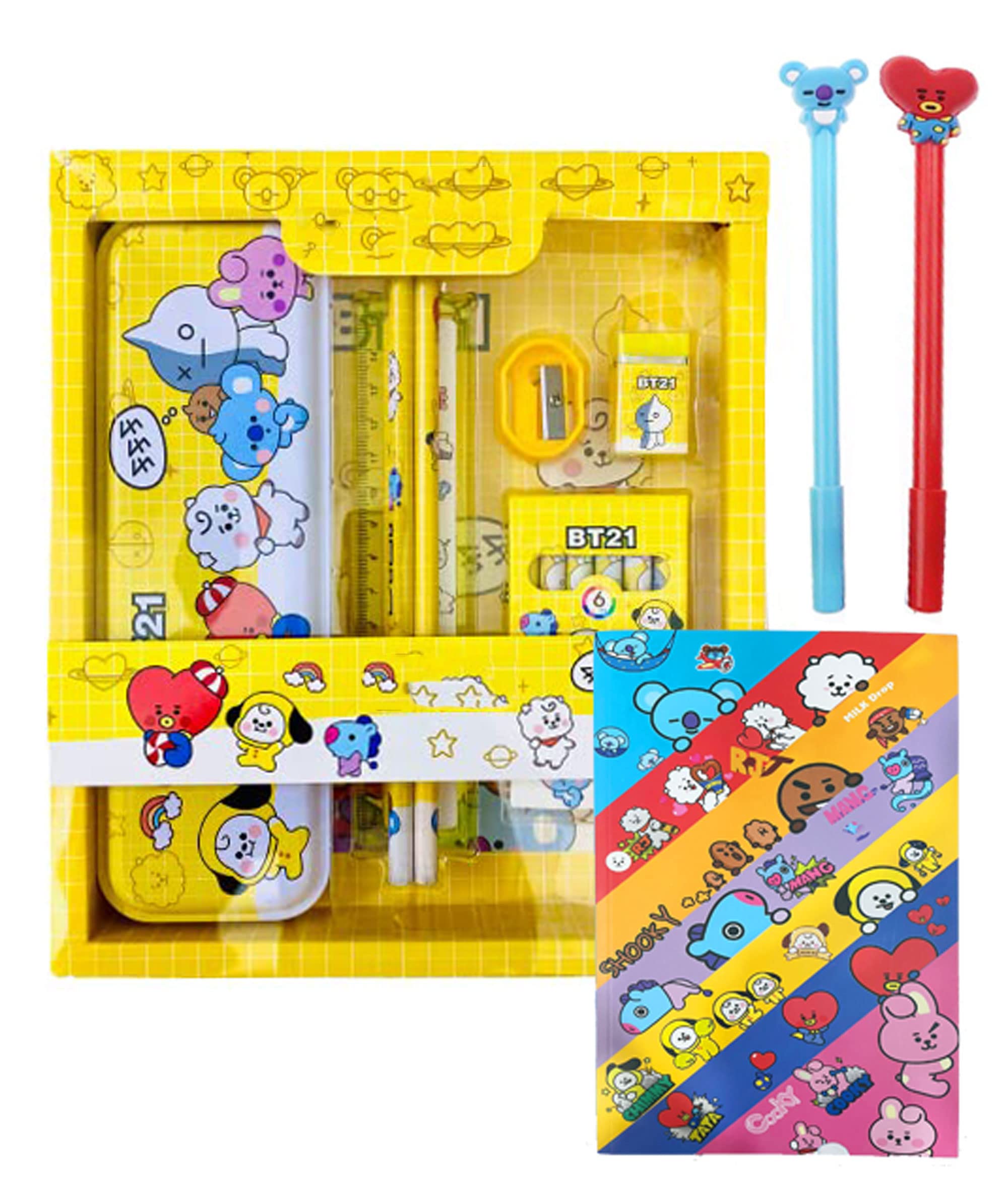 KOBBET® BTS Stationery Gift Set for Kids, BT-21 Gift Pack Return Gift Party Favor Gift for Kids for Birthday, School Stationery Return Gift Set for Kids for School, BTS Army Team Gift Set (Style 2)