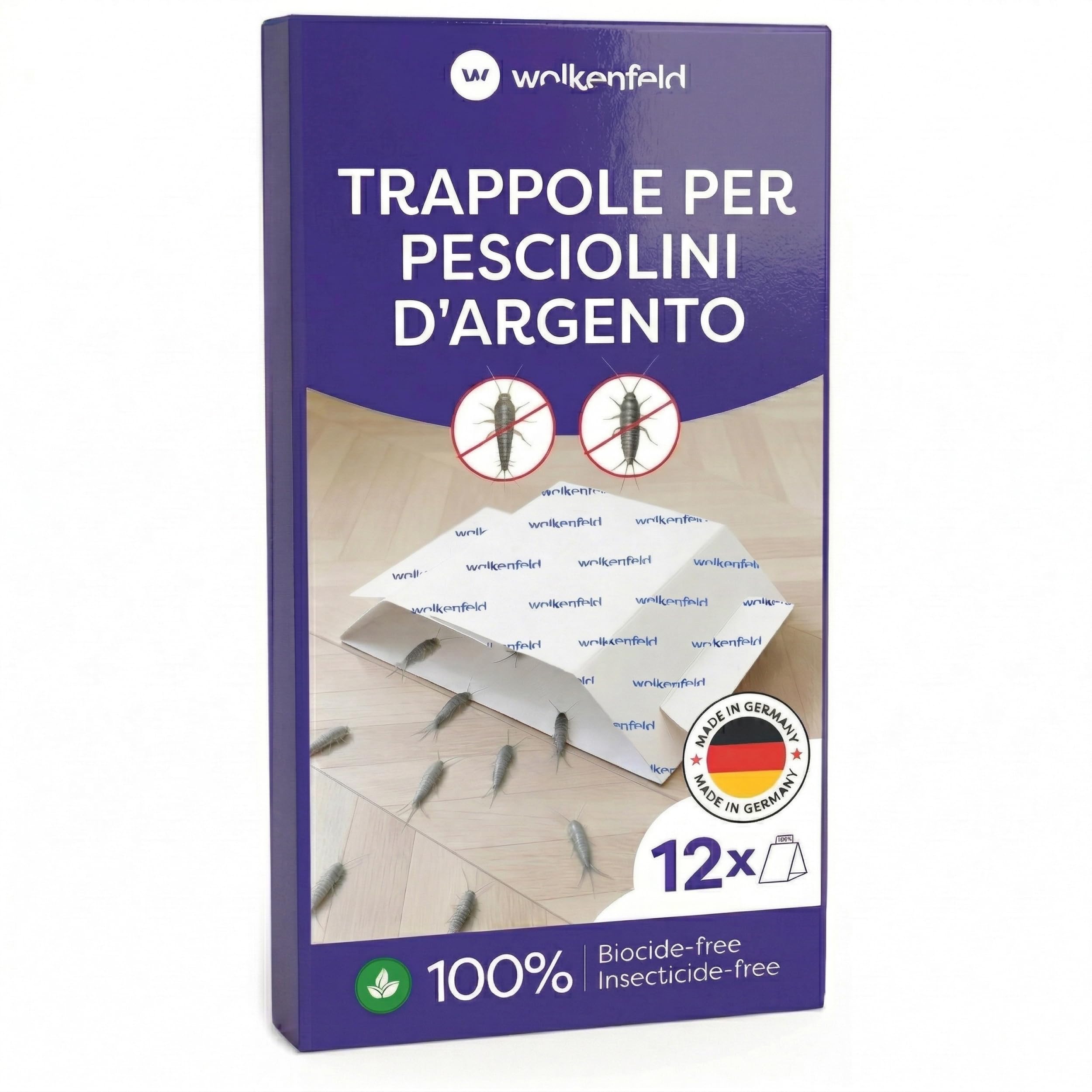 Wolkenfeld Trappola Pesciolini D'argento – Esca Naturale Adesiva Anti Pesciolini D'argento – Monitoraggio Casa e Bagno – 100% Senza Spray né Biocidi – Prodotto in Germania – 12 Fogli Adesivi