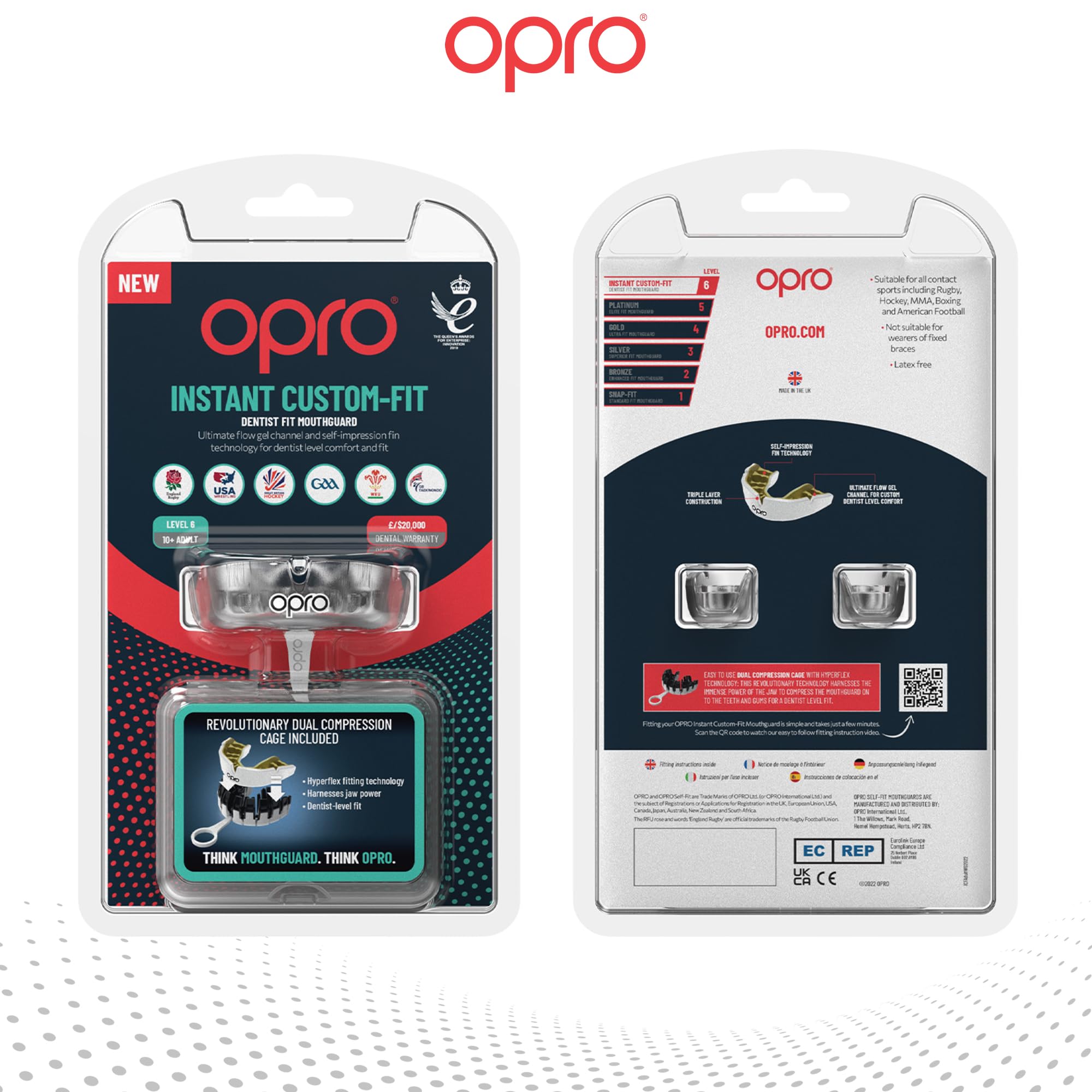 OPRO Protège-Dents Instant Custom-Fit - Protection des Dents Professionnelle Adultes et Enfants - Boxe, MMA, Rugby, Hockey - Moulage Rapide - Garantie Dentaire Incluse