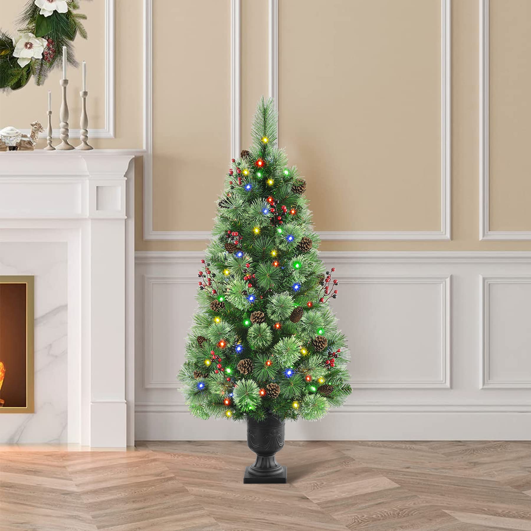 Alupssuc 4ft Prelit Artificial Porch Christmas Tree Mini Entrances Potted Tree with Color LED Lights with Timer by Batteries Operated for Front Door, Entryway Xmas Home Decorations, 4 FT