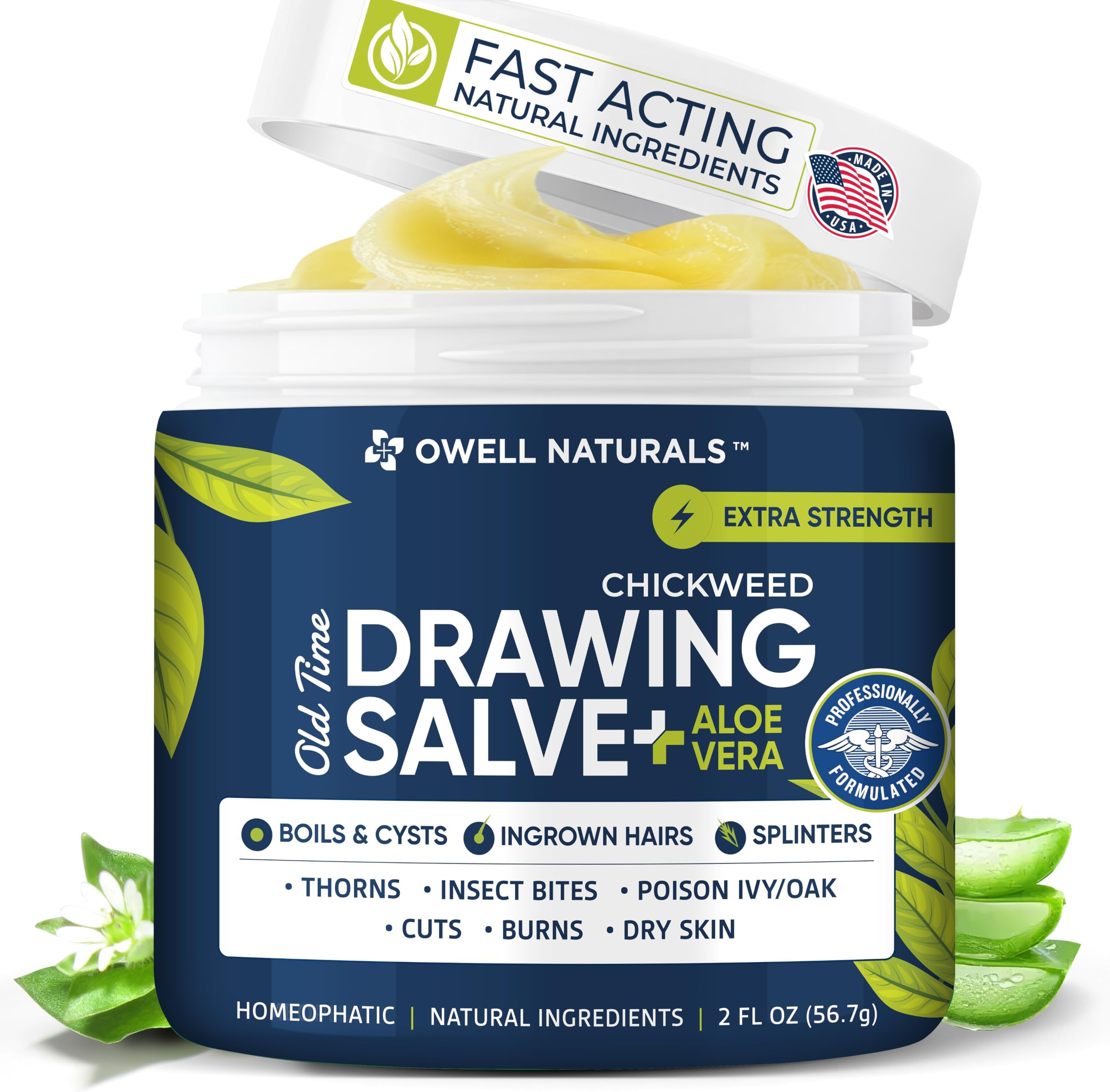 OWELL Naturals Chickweed Drawing Salve Aloe Vera, Multipurpose Ointment for Boil Removal, Bump, Cyst, Splinters, Poison Ivy, Skin Irritations, Burns, Minor Cuts, Dry Skin, Mosquito Itching, 2 oz