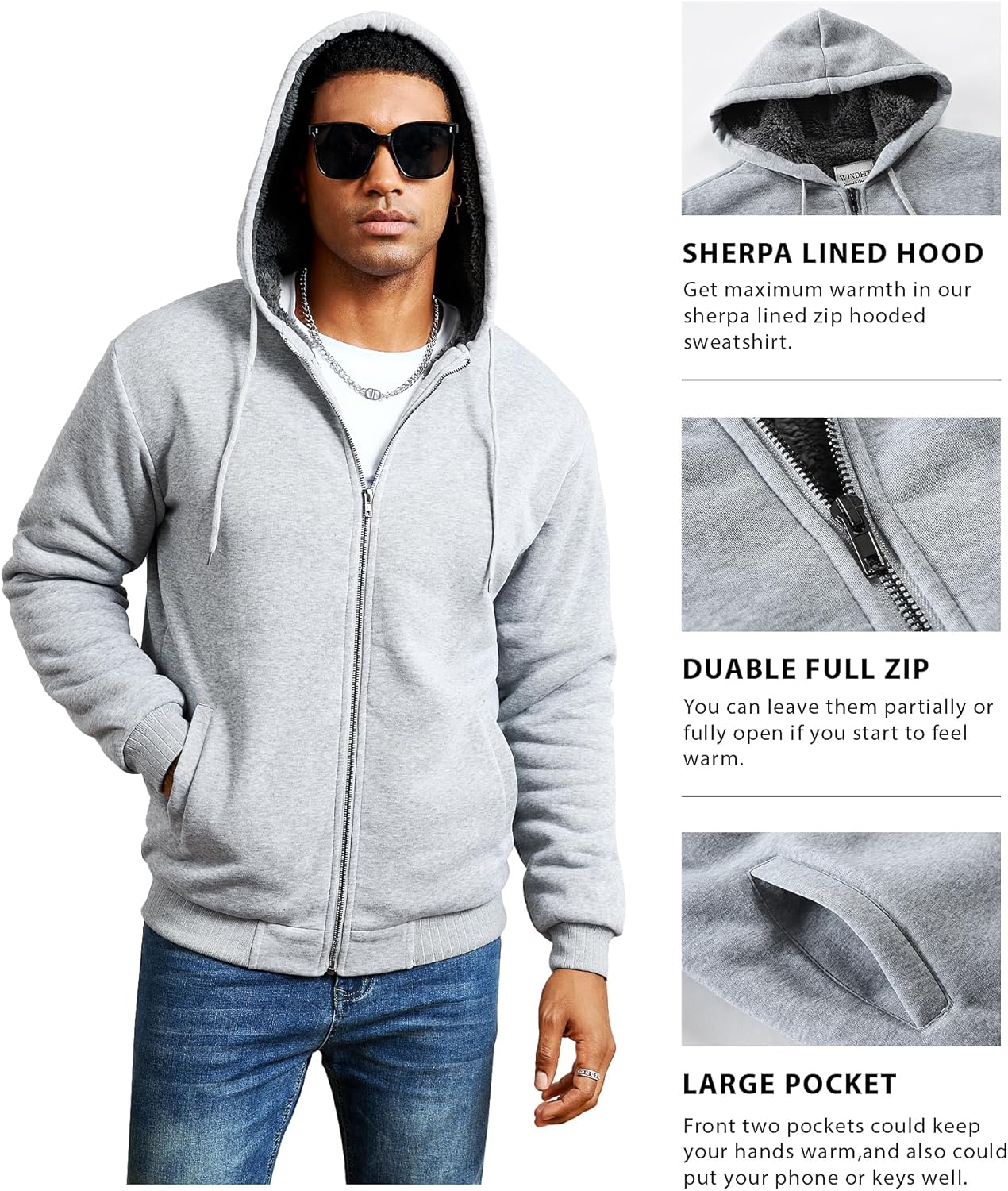 Men's Sherpa Jacket Heavyweight Zip Up Hoodie Fleece Hooded Sweatshirt with Pocket - Image 5