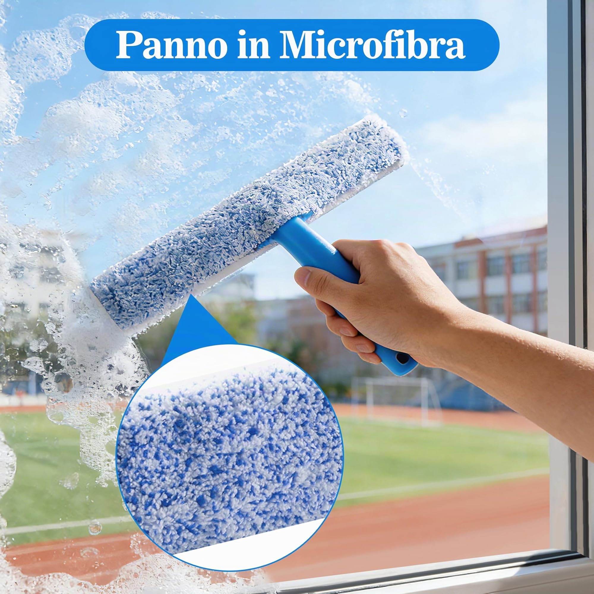 Lavavetri Telescopico Professionale 2 in 1 con Spazzola e Tiraacqua per Vetri, Kit Pulizia Vetri Finestre, Doccia, Auto e Specchi, Panno in Microfibra Senza Aloni e Lama in Silicone