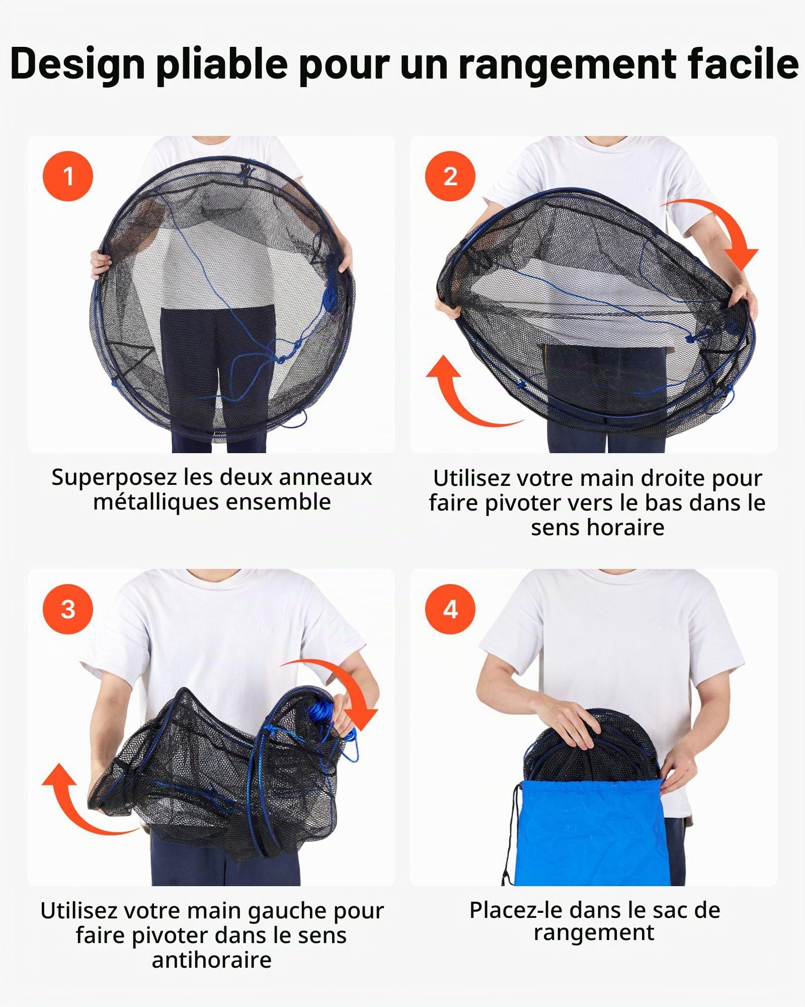 VEVOR Nasse à Écrevisses Pliable, Piège à Crabes en Filet Nylon, pour Pêche aux Crustacés Crevettes Poissons Quai Rivage Étang Bateau, Balance à Écrevisses Résistante avec Corde et Sac de Rangement