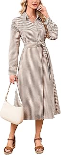 Women's Long Sleeve Plaid Maxi Dress Casual Button Down Belted Collar V ...