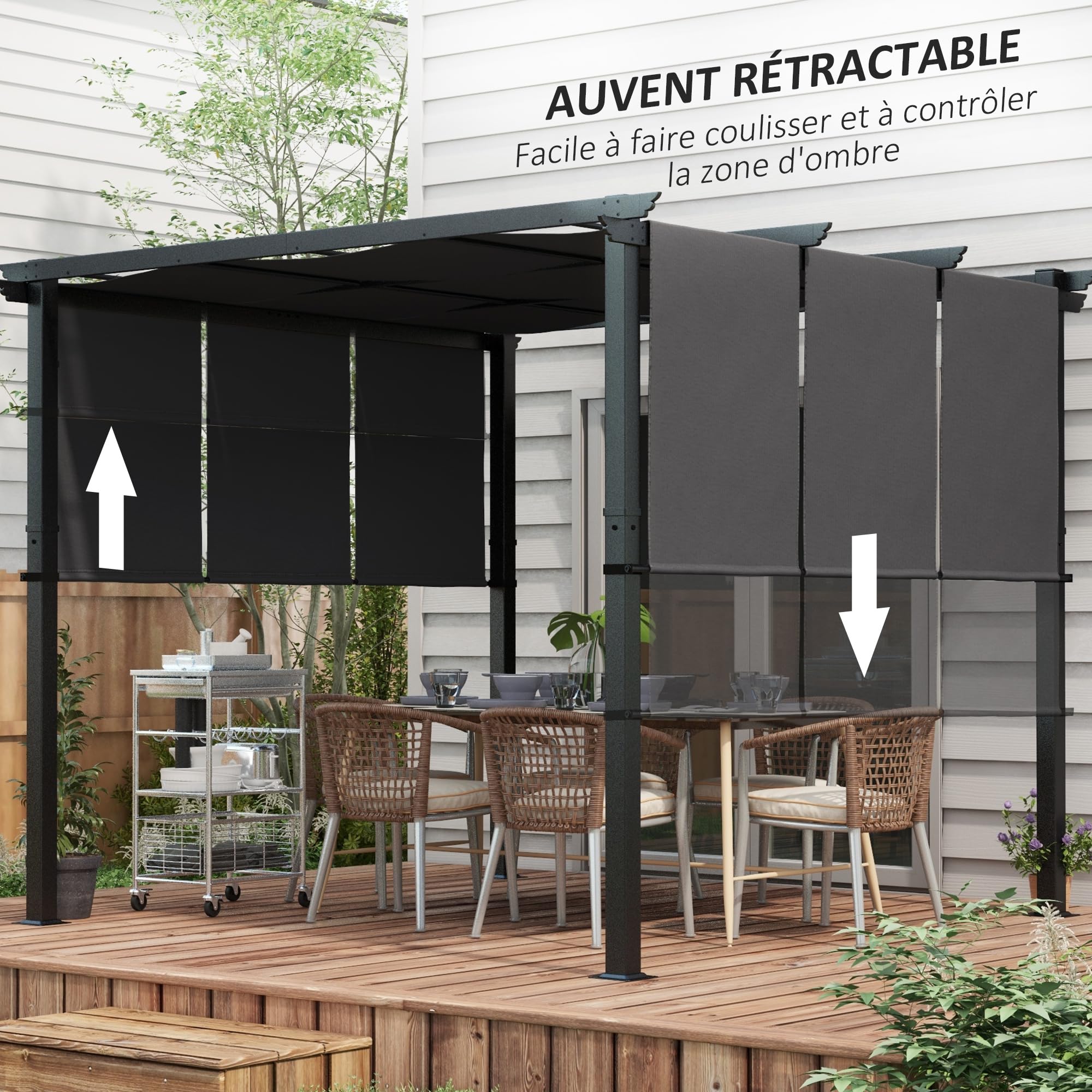 Outsunny Pergola avec 3 Toiles Coulissantes 3 x 3 x 2,38 m, Structure Acier Noir, Toile Polyester Haute Densité Gris Foncé