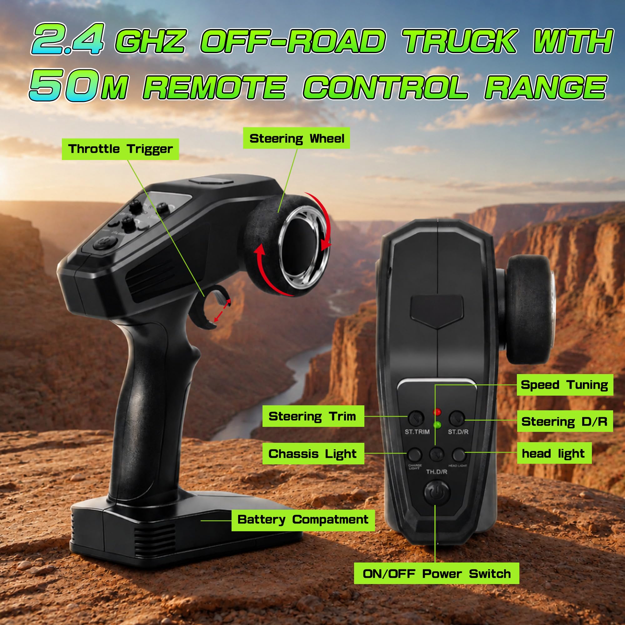 Ferngesteuertes Auto 1:16 4WD RC Auto 40 km/h Offroad Mit LED | Offroad-RC-Truck 2 Batterien 2.4GHz All-Terrain-Spielzeug Wiederaufladbar Fast Cars Für Kinder und Erwachsene - Schwarz