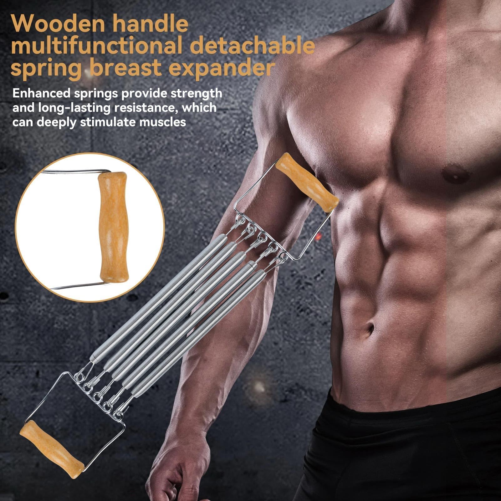 HERCHR Estensore Pettorali, Muscolare Espansore con Manico in Legno Espansore Toracico Pettorali Multifunzione Regolabile a Molla Elastici per Body Building, Yoga, Esercizio e Fitness