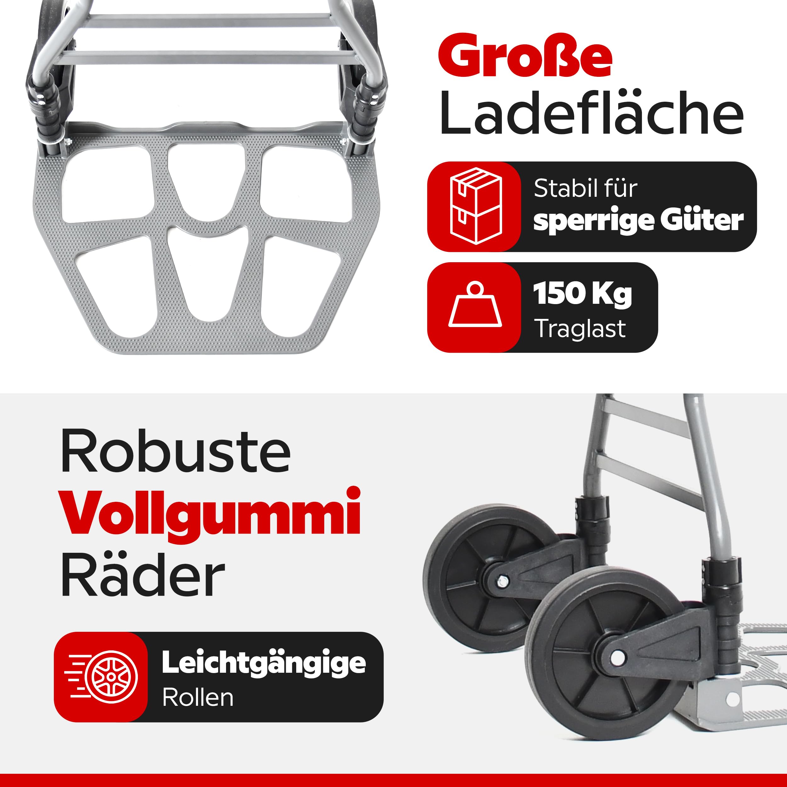 ONBEST Sackkarre klappbar 150 kg – Geprüfte Qualität, Vollgummireifen, 110 cm Griff, große Ladefläche – Faltbare Transportkarre/Trolley mit Rollen inkl. 150 cm Gurt – Umzugshelfer & Transporthilfe