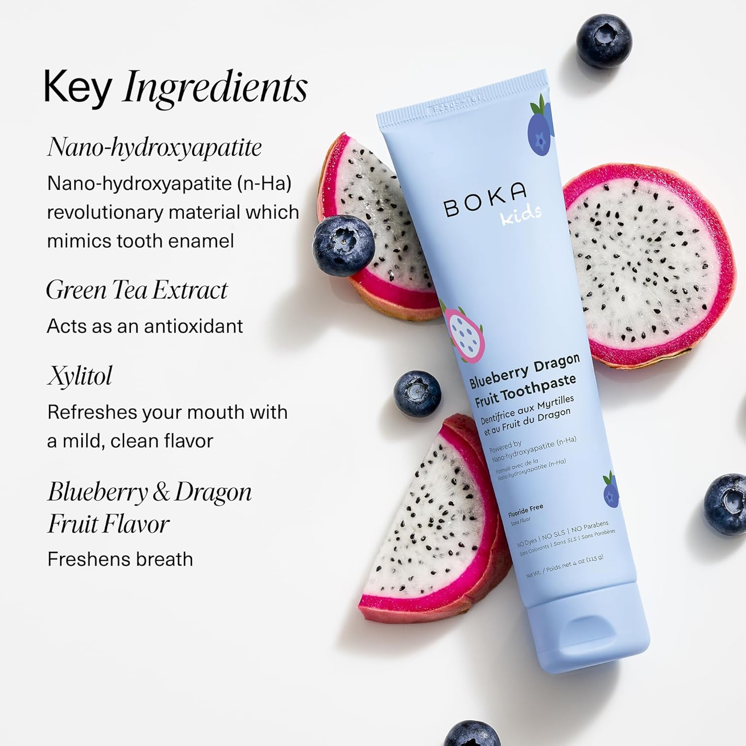 Boka Fluoride Free Toothpaste Nano Hydroxyapatite Toothpaste - Blueberry Dragon Fruit Flavor, 4 oz 3Pk US Manufactured