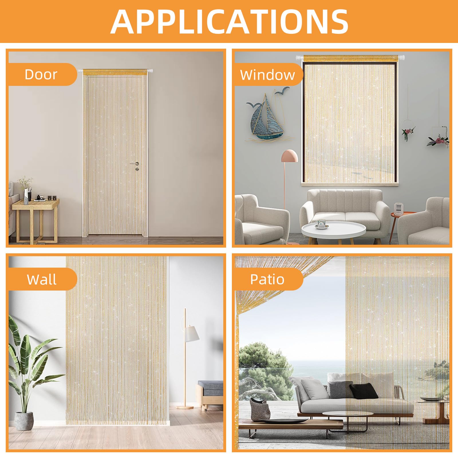 LITLANDSTAR 4 Stück Fadenvorhang Türvorhang, Glitzer Türvorhang Fensterdekoration Raumteiler Dekoration Perlenvorhang für Hochzeit Party Dekoration, 100 x 200cm (Champagne)