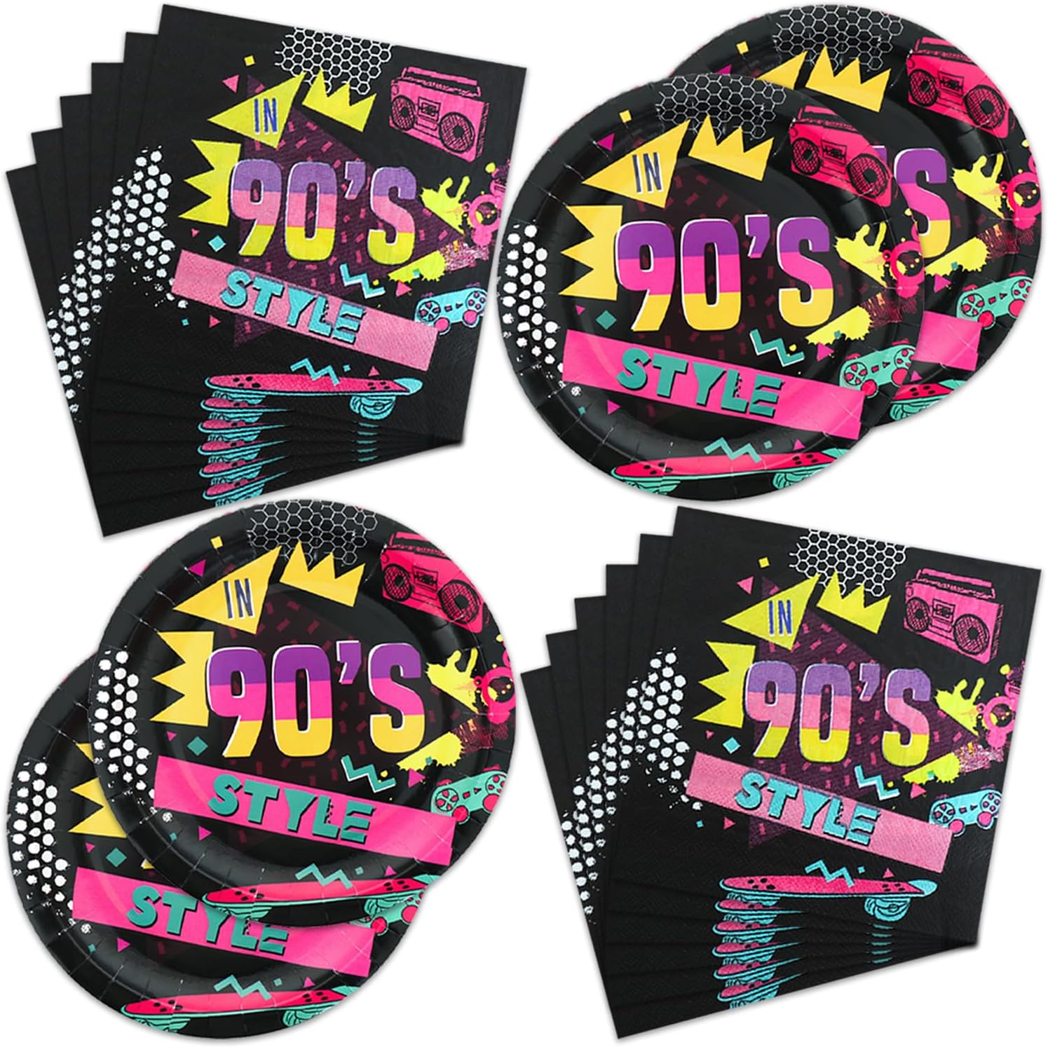 40Pcs Back to The 90's Party Supplies Back to 90s’ Party Tableware Set-Retro 1990s for Hip Hop Theme 1990's Birthday Party Decorations