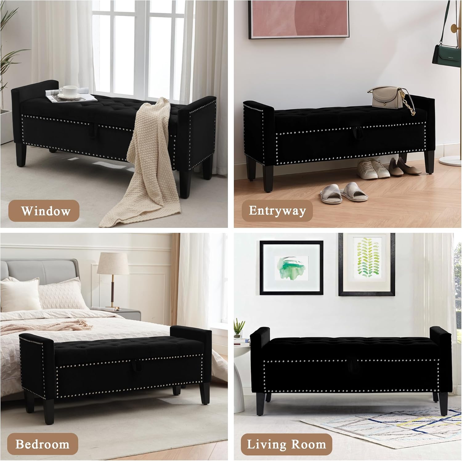 Velvet Storage Ottoman Bench, 46'' Upholstered Button Tufted End of Bed Bench, Modern Entryway Ottoman with Arms, Black