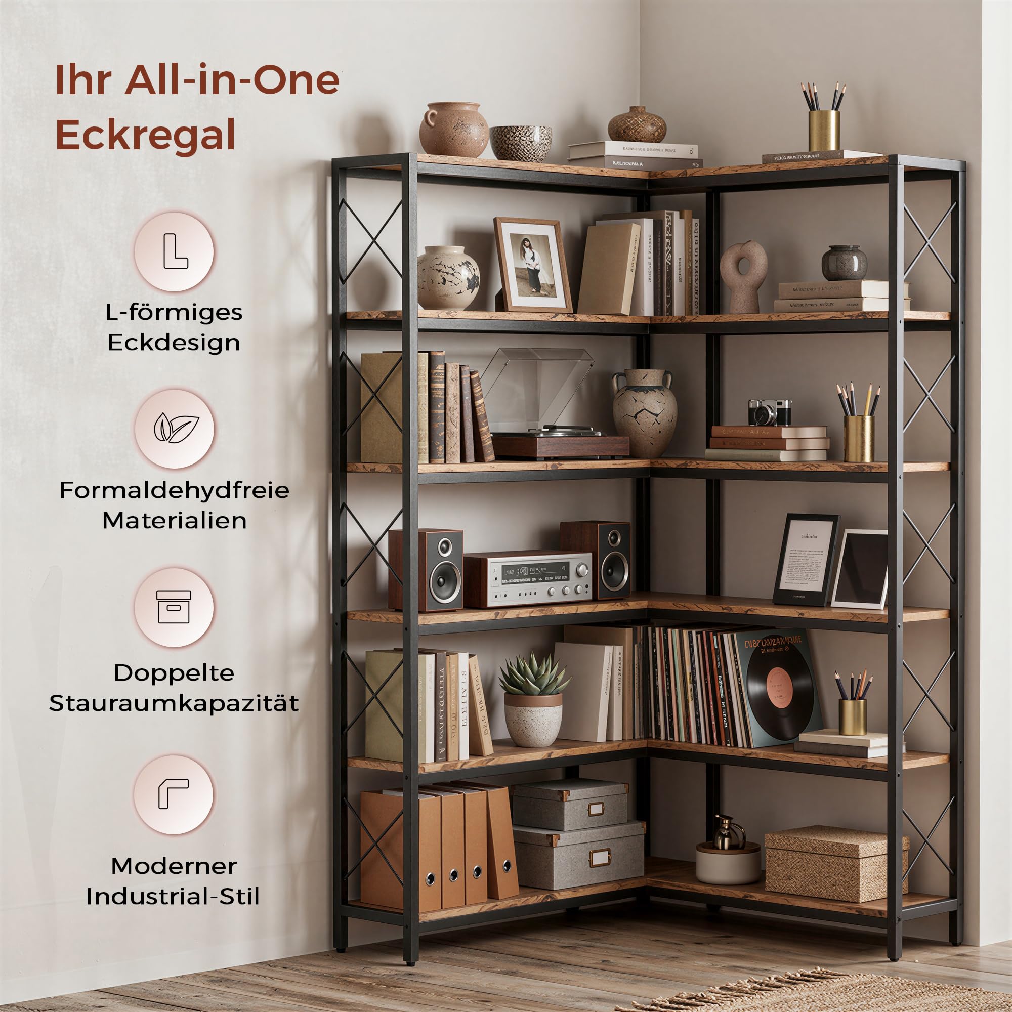 IRONCK Bücherregal, 6-stöckiges L-förmiges Eckbuchregal mit verstellbaren Füßen, Industrielles Eckregal für Wohnzimmer, Schlafzimmer, Home Office, Rustik Braun, 80×80×167cm
