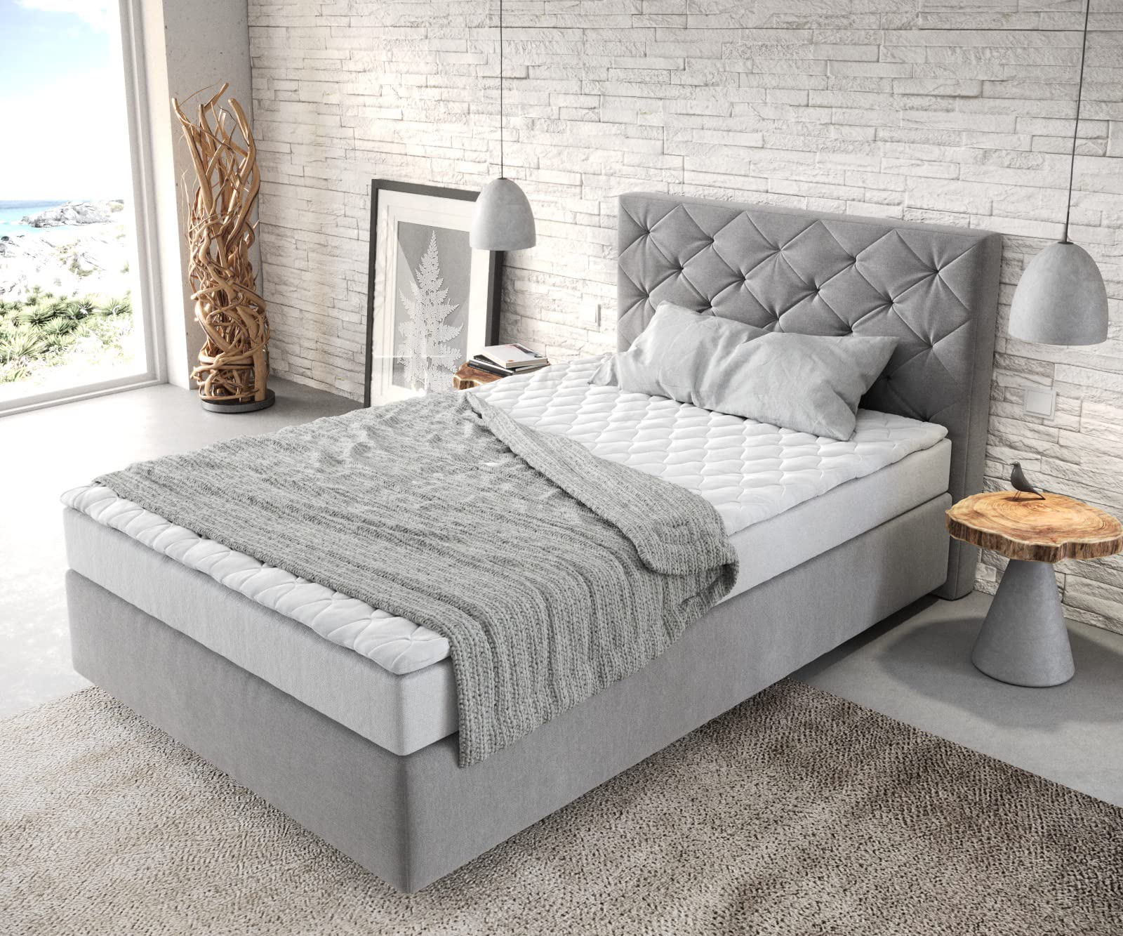 DELIFE Boxspringbett Dream-Great Mikrofaser Grau 120x200 cm mit Matratze und Topper