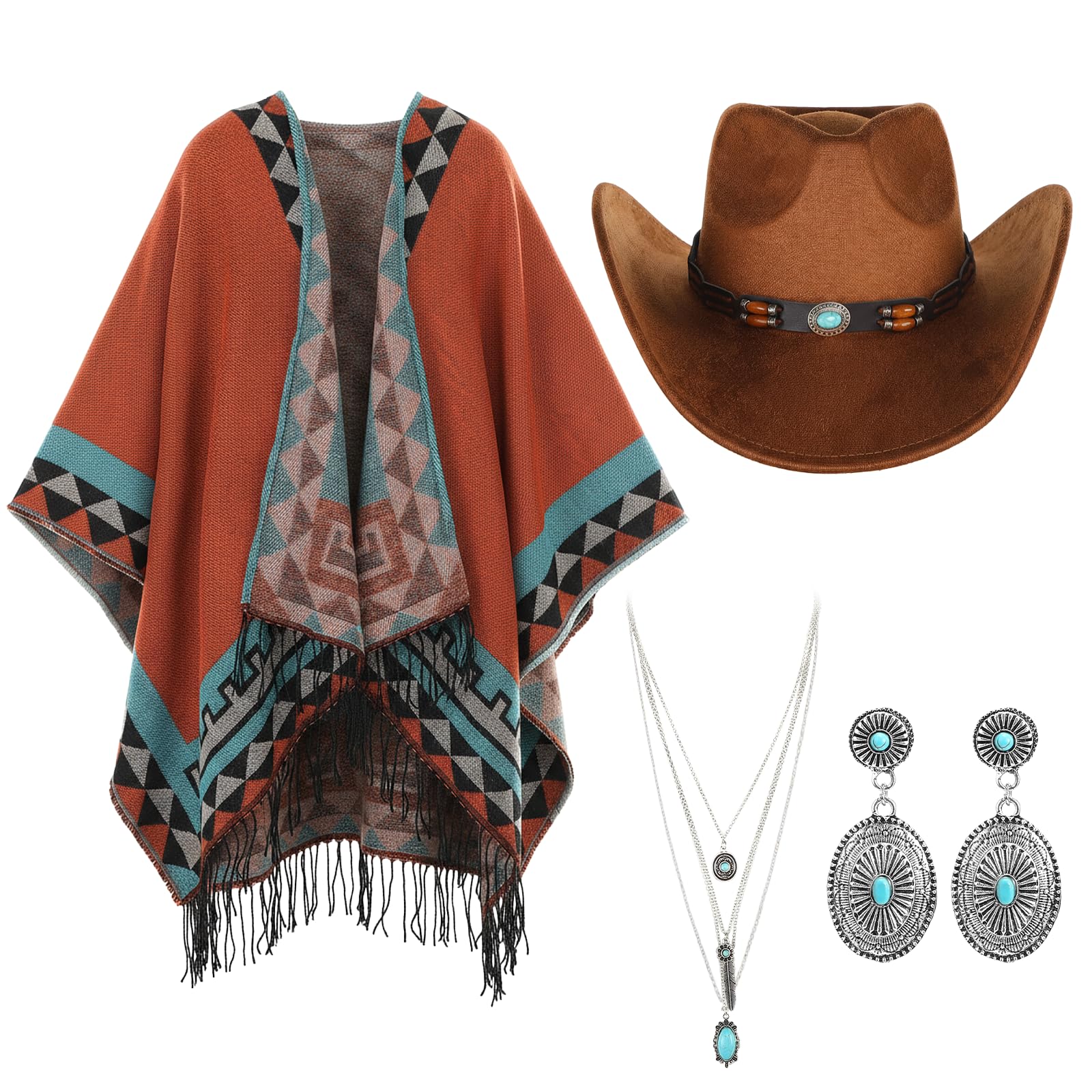 4 Pcs Women's Western Cowboy Boho Outfit Classic Retro Panama Hat Cardigan Wrap Shawl Turquoise Jewelry Halloween-image-1