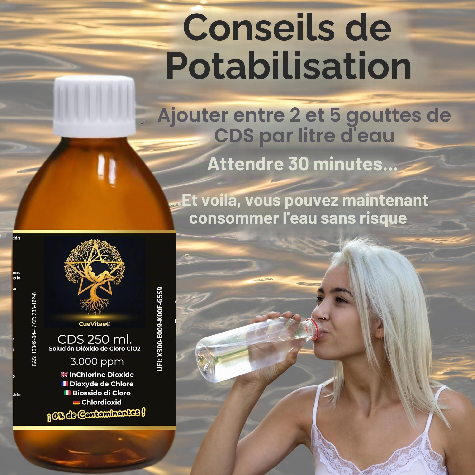 CDS 0,3% 2x250 ML | Solution aqueuse de dioxyde de Chlore | Verre | Biocide technique TP5 exclusif traitement d'eau. Lot 2 récipients verre ambré anti-UV avec équipement volumétrique.