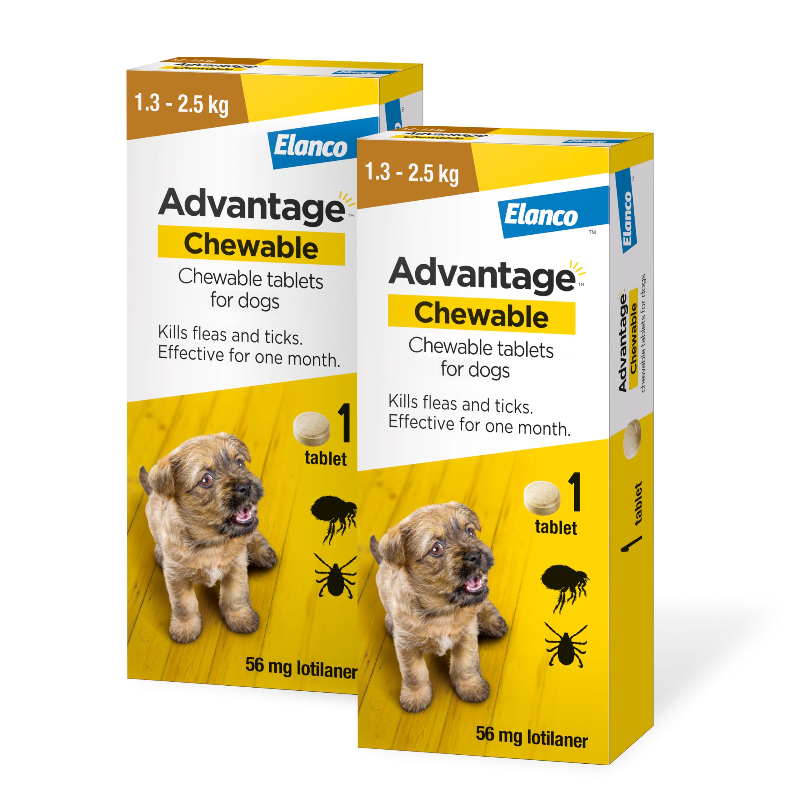Advantage Chewable 56mg Chewable Tablets for Dogs 1.3-2.5kg (2 pack), Flea and Tick Treatment, Fast Acting Kills Fleas Within Hours, Prevention Lasts For A Month, Easy To Administer