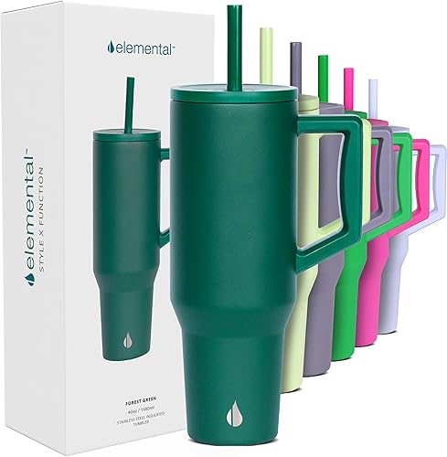 Elemental Commuter - Vaso de 40 onzas con asa y tapa con popote, taza de café de viaje resistente a derrames, vasos aislados de acero inoxidable Elemental Commuter - Vaso de 40 onzas con asa y tapa con popote, taza de café de viaje resistente a derrames, vasos aislados de acero inoxidable